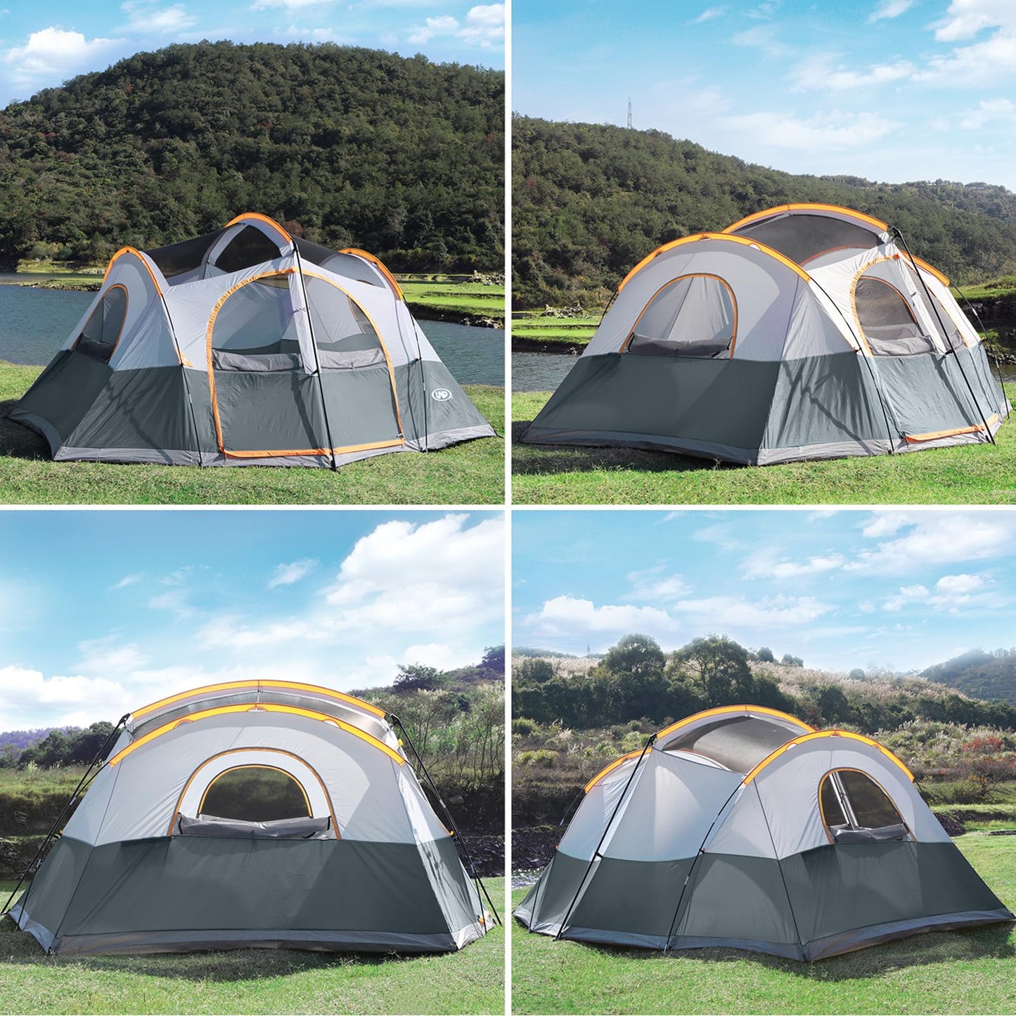 UNP Camping Tent 8/9 Person, Family Camping Tent, 5 Large Ventilation Mesh Windows, 14'x14'x78 inches Tall with Dividers Curtain for 2 Room