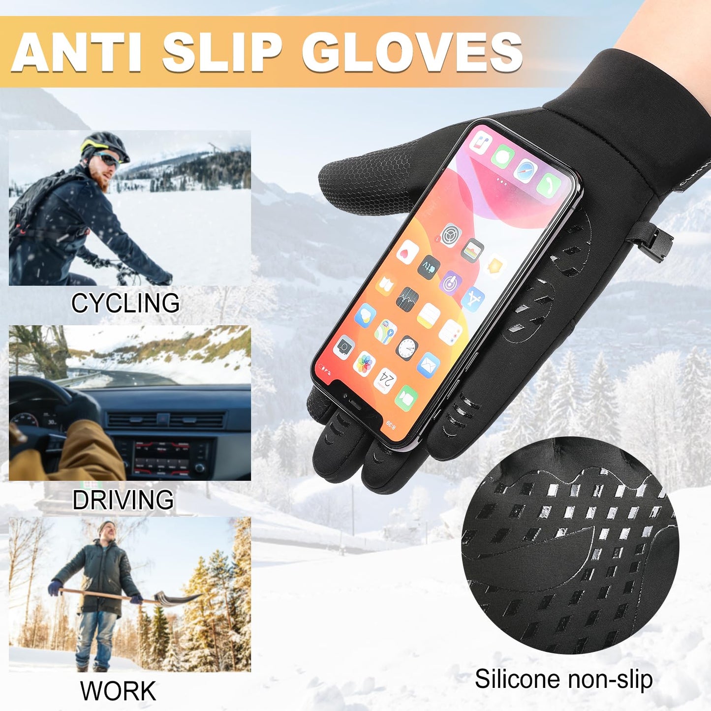 AIJIEKE Winter Gloves for Men Women, Cold Weather Gloves, Windproof Warm Gloves, Touch Screen Gloves, Waterproof Gloves for Work, Sports Running Gloves for Driving Fishing Cycling, XL
