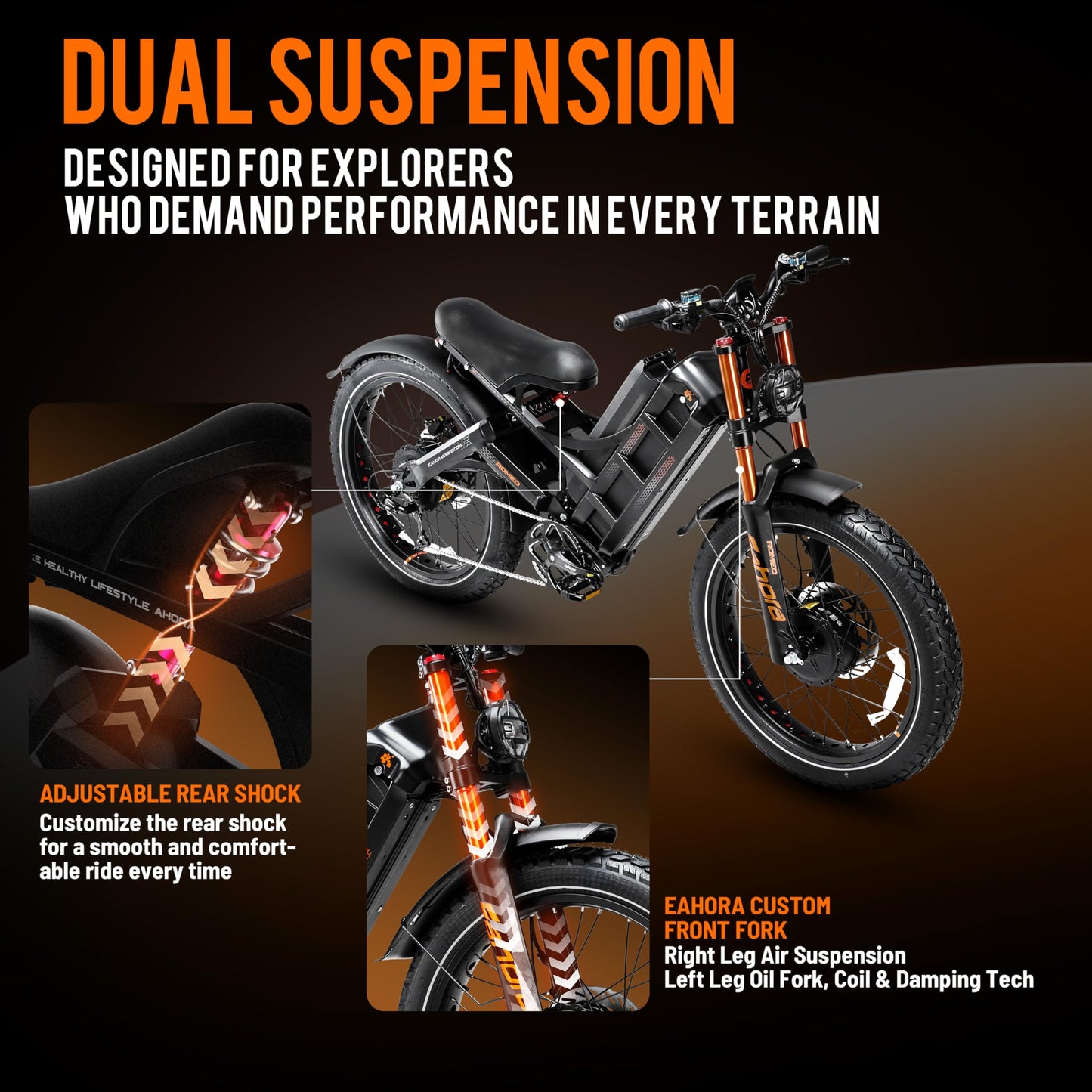 eAhora Romeo Pro Ⅲ Peak 5600W Electric Bike for Adults 50Mph, 60V 80Ah Battery up to 250 Miles,Long Range Dual Motors Ebike,26"*4.0 Fat Tire Full Suspension Mountain E-Bike for Men,UL 2849