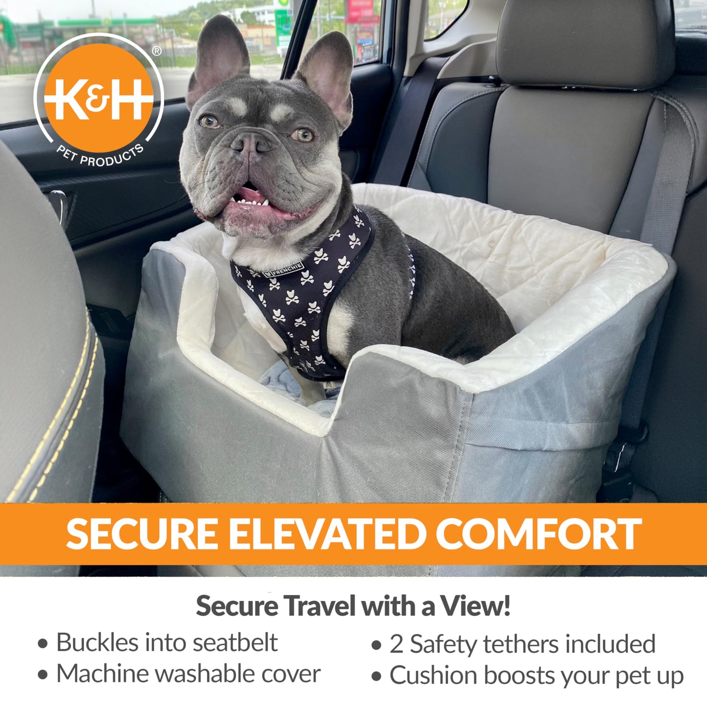 K&H Pet Products Bucket Booster Dog Car Seat, Seat Belt Secured, 2 Safety Leashes, Washable Covers, Sturdy Dog & Cat Booster Seat, Carriers for Small to Medium Pets - Large Gray/Cream