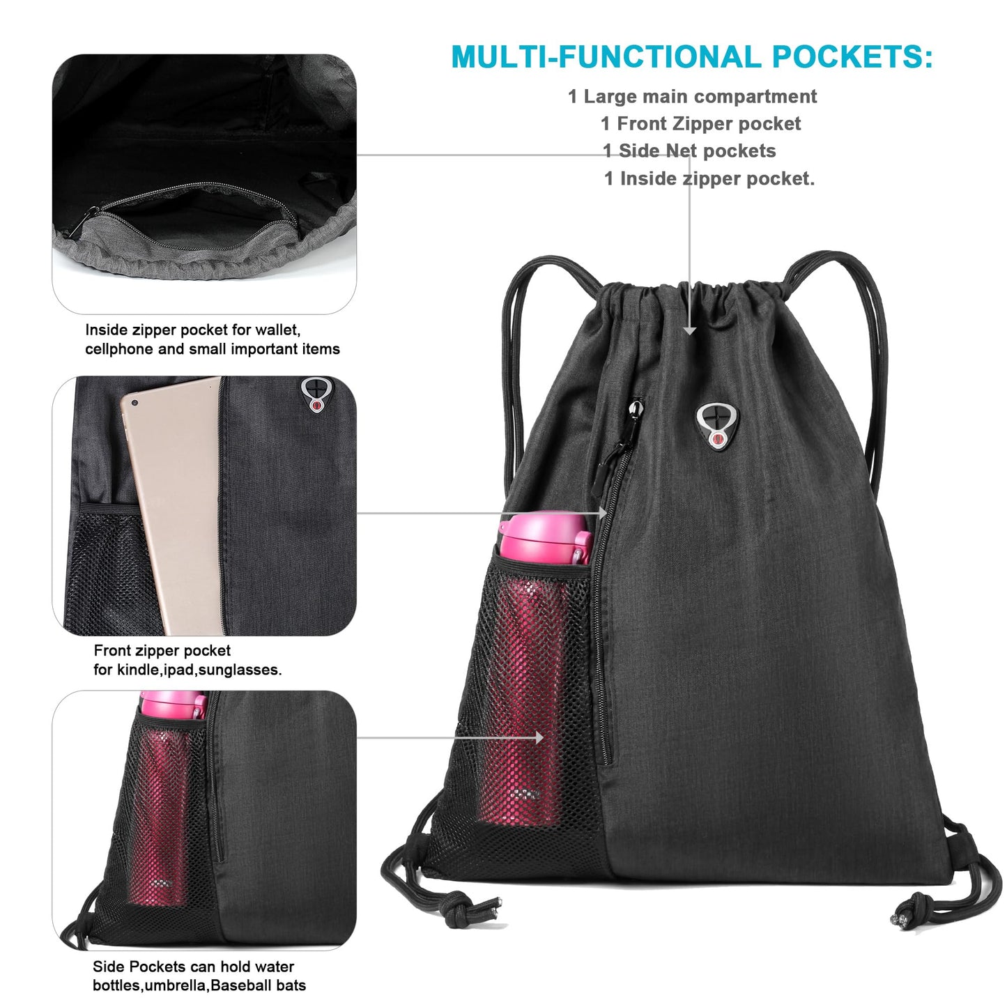 BeeGreen Mix Black Drawstring-Backpack-Gym-Bag, Large Sports Bag For Women W Water Bottle Pocket &Front Zippered Pocket, String Sackpack For Traveling Yoga Beach Outdoor