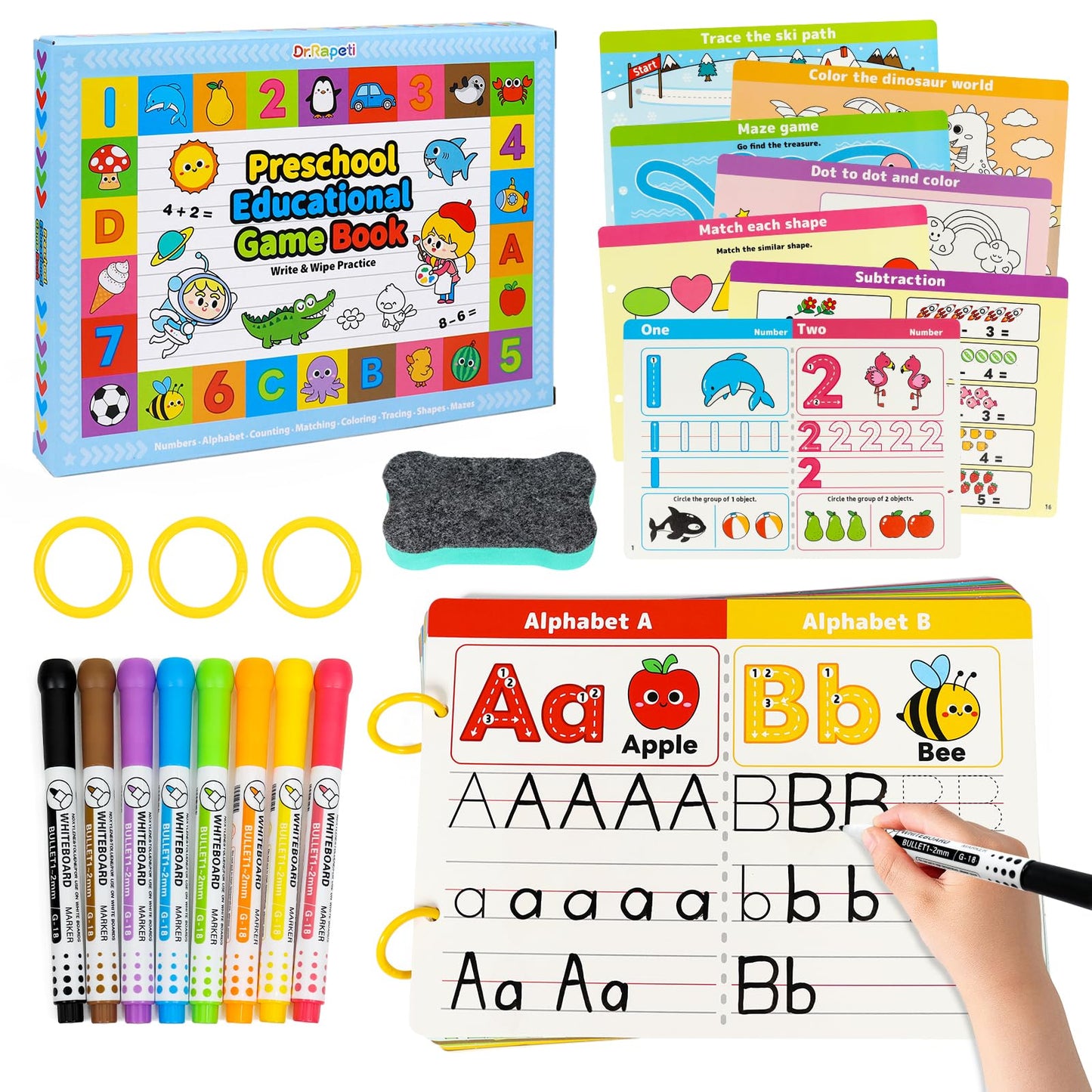 Dr.Rapeti Preschool Learning Activities Educational Workbook Busy Book 58 Pages 8 Dry Erase Markers Prek Montessori Handwriting Practice Activity Tracing Toy Early Learning Toy for Kids Toddlers