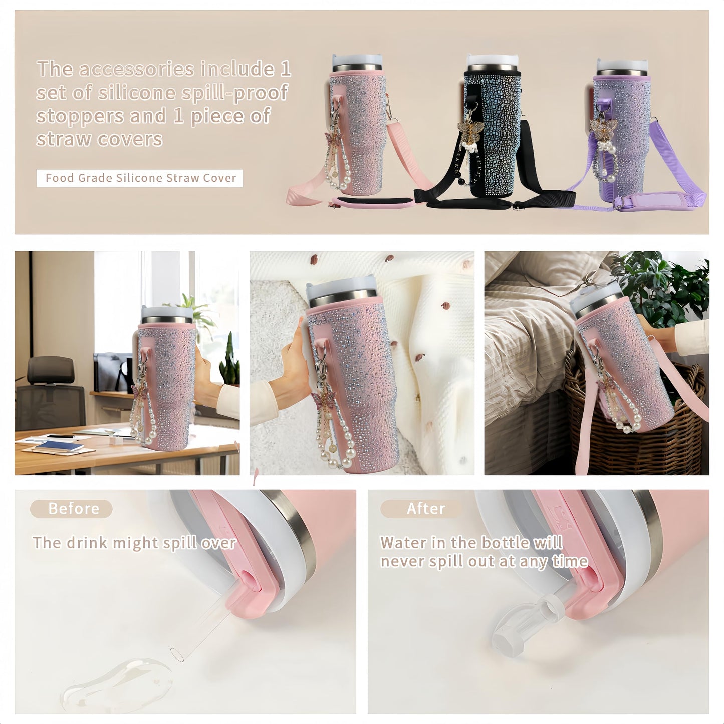 Water Bottle Carrier Bag for 40oz Tumbler - Cup Belt Bag with Adjustable Strap, Straw Cover & Pearl Bracelet - Cup Accessories(Pink Diamond Pro)
