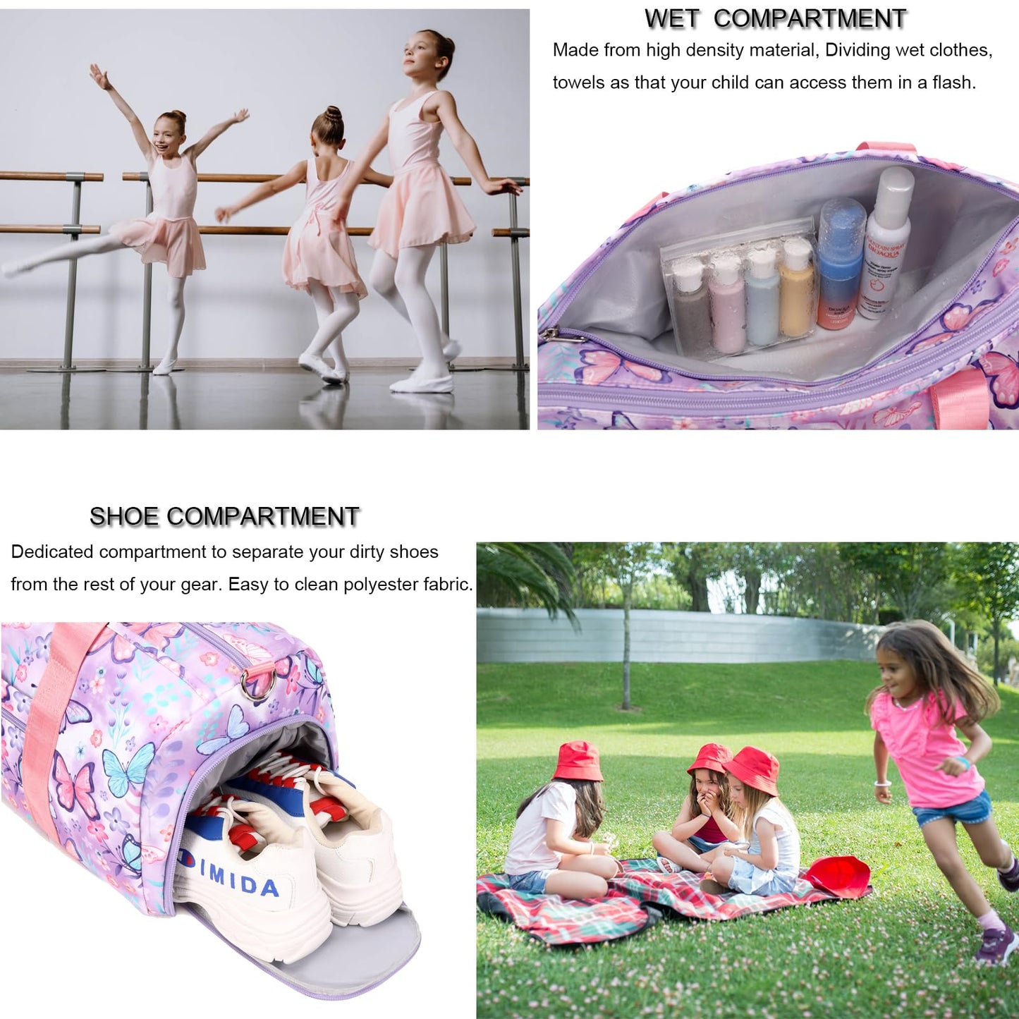 Dance Bag Girls Gymnastics Bag Kids Overnight Duffle Bag with Shoe Compartment, Kids Travel Weekender Sleepover Carry On Bag (Butterfly Purple)