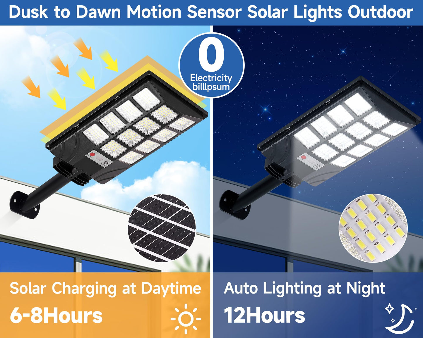 Aqraou Solar Lights Outdoor for Outside, IP66 Waterproof Solar Street Lights Outdoor with Motion Sensor & Dusk to Dawn, 6500K Security Flood Light for Yard Garden with Remote Control - 4PACK