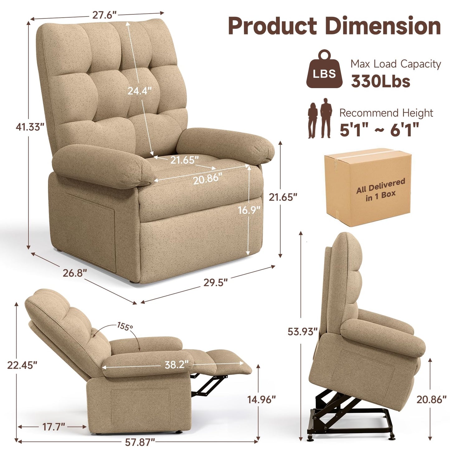 Welzona Power Lift Recliner Chair for Elderly, Triple Motor Lift Chair with Infinite Position, Electric Stand Assist for Seniors, Single Sofa with Side Pockets for Living Room, Beige-Brown