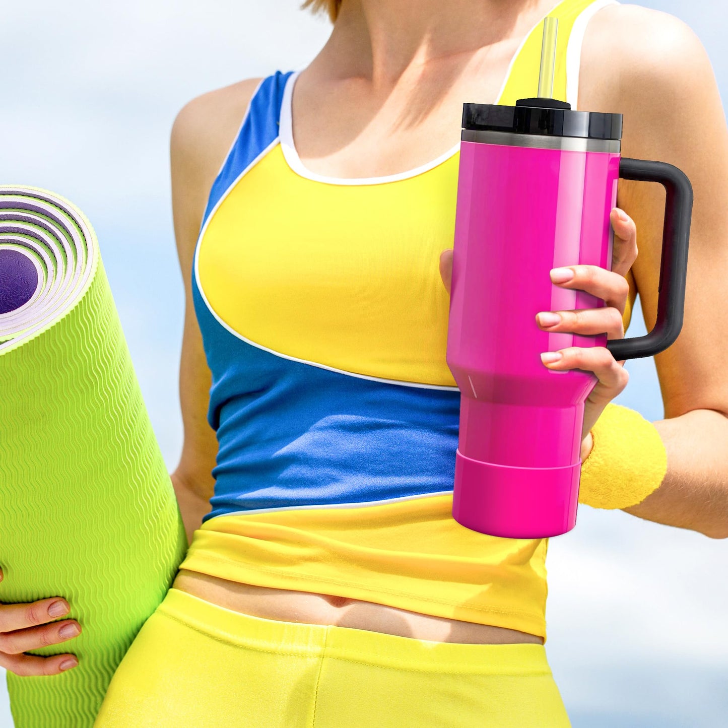 Neon Checkered Protective Silicone Boot for Stanley Tumbler 20-40oz, Made for Hydro Flask 12-24oz & Simple Modern 20-40oz, Antislip Sleeve for More Tumblers/Water Bottles of 2.8-3" Base, Electric Pink
