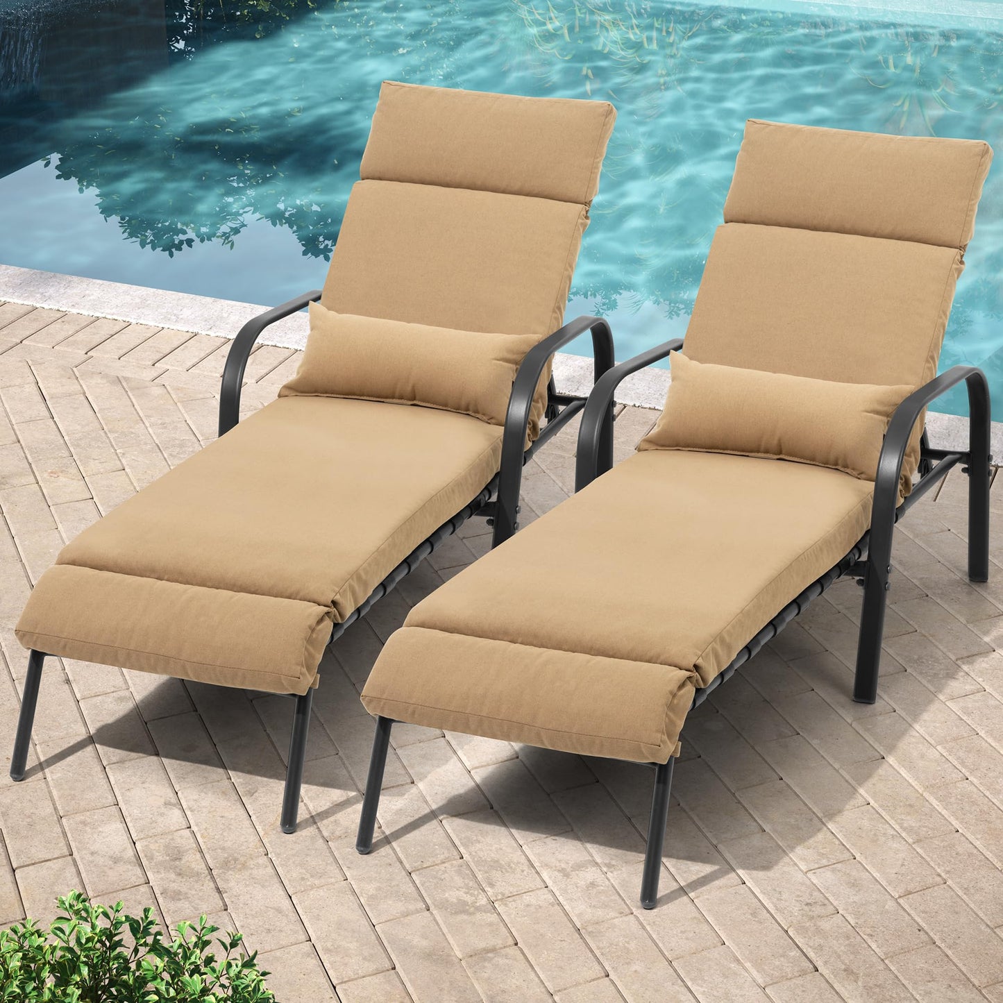 Pellebant Patio Chaise Lounge Chair with Cushion, Adjustable Lounge Chair with 5 Positions, Outdoor Recliners All Weather for Beach, Pool and Yard, 2 Pcs, Tan