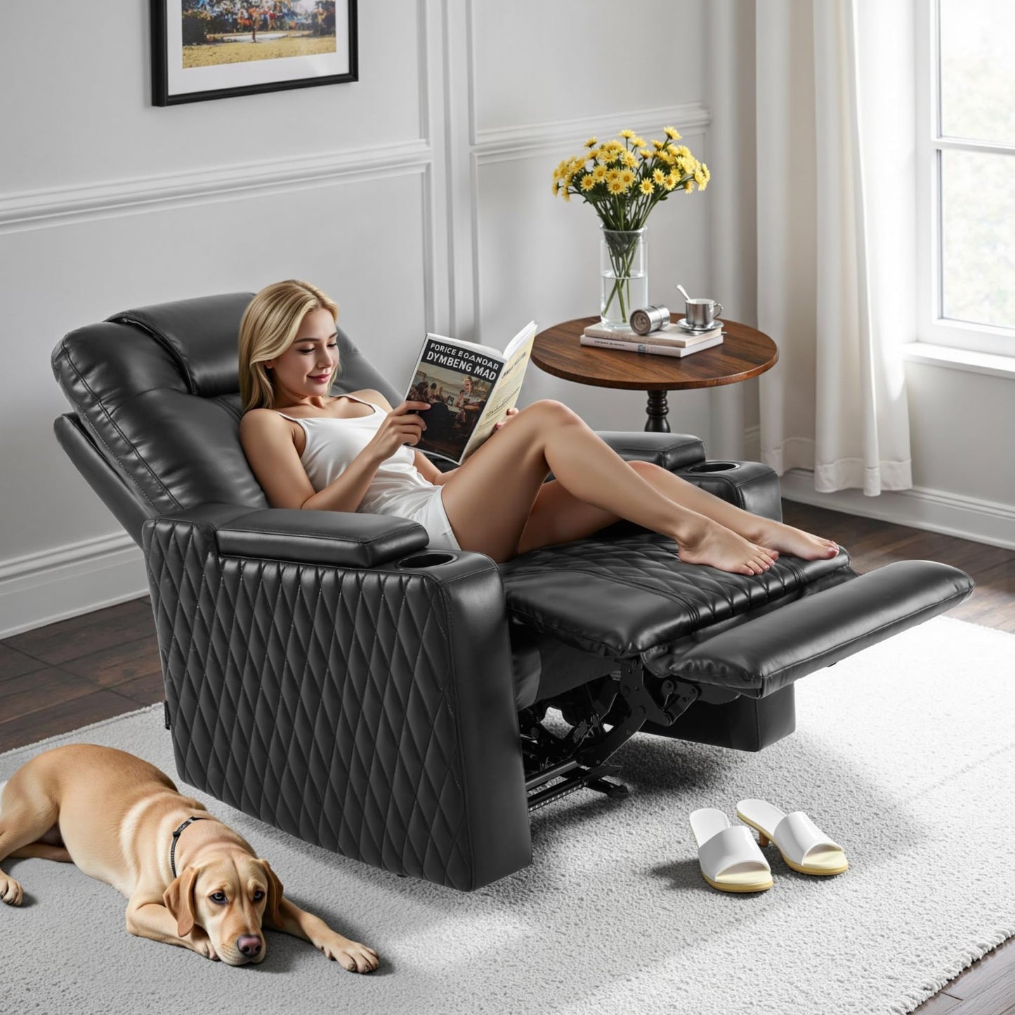 MCombo Oversized Power Recliner Chair for Adults with Power Headrest & LED Light, Faux Leather Recliner Chair for Living Room & Home Theater, USB Port, Armrest Storage HTS401 (Faux Leather, Black)