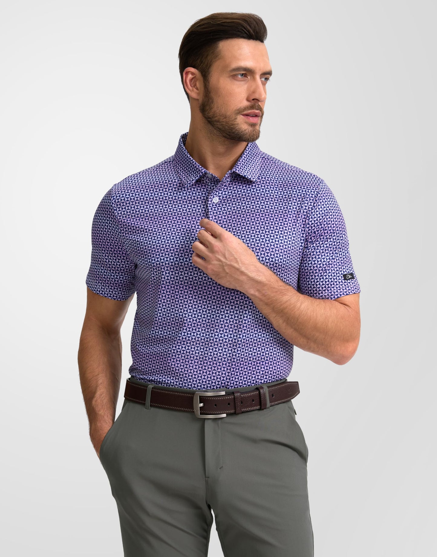 Obla Mens Golf Polo Shirts Short Sleeve Dry Fit Performance Moisture Wicking Casual Print Collared Golf Shirts for Men(Purple Square_S)