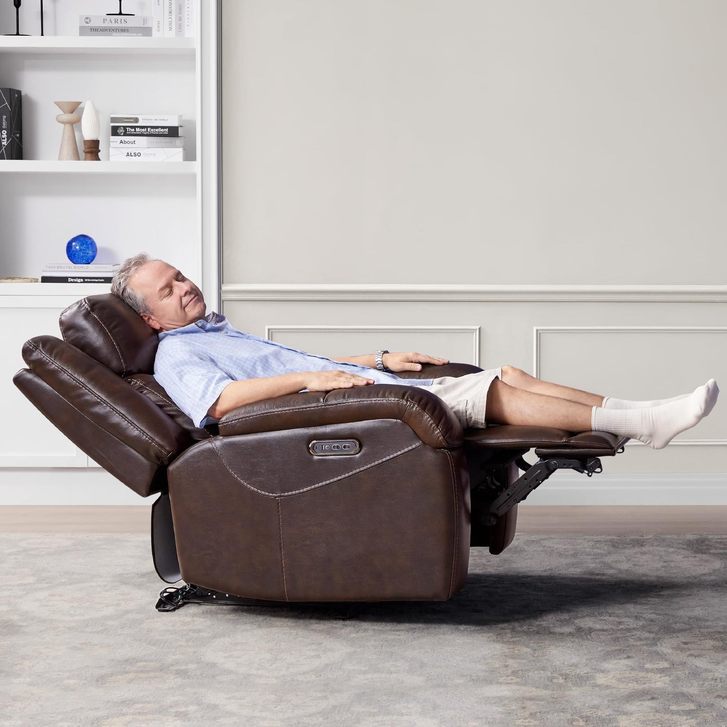 Watson & Whitely Genuine Leather Power Recliner Chairs for Adults, Wall Hugger RV Recliner with Power Headrest & Charging Ports, Electric Recliner Sofa Chair for Living Room, Dark Brown