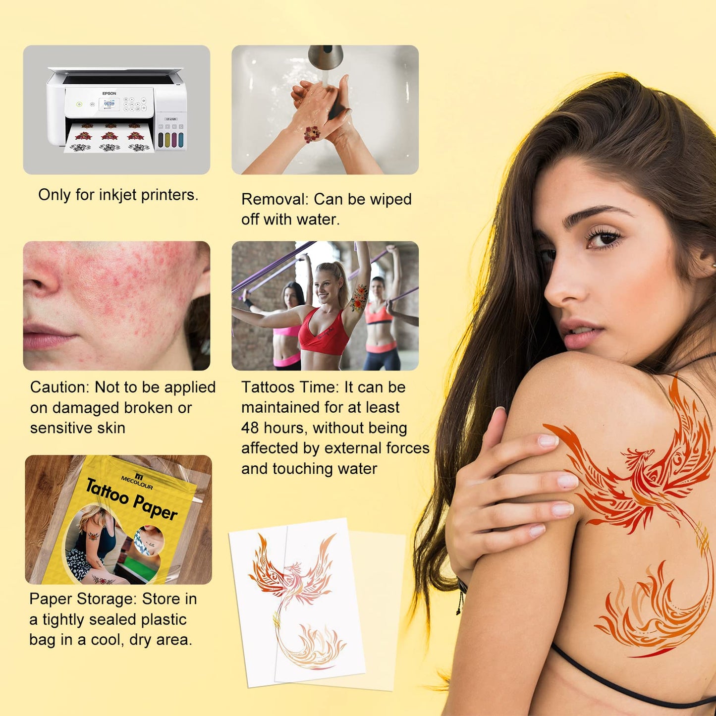 MECOLOUR Printable Temporary Tattoo Paper 8.5"X11"-30 Sets for Inkjet printer DIY Image Transfer Decal Paper for Skin, For Celebrate Festivals, Parties, Birthday Bashes,New Year