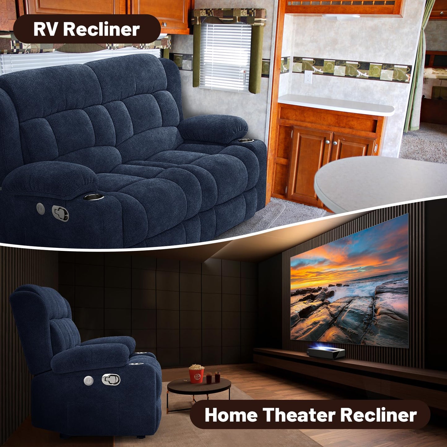 IROSTAE Loveseat Recliner Sofa, 2 Seater Minimalist Style Fabric Manual Pull Tab Reclining Loveseat with USB Charge Ports, Cup Holders, Recliner Love Seat Couches for Living Room, RV, Blue