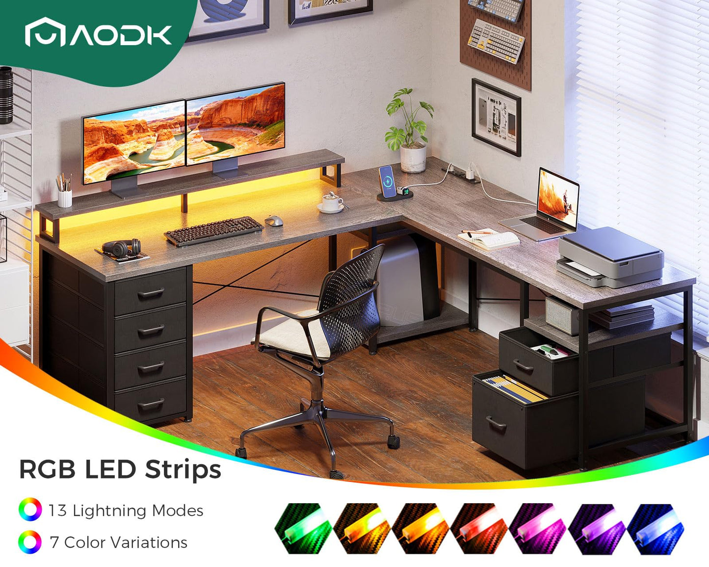AODK 66" L Shaped Desk, 113" Computer Desk with File Cabinet & 4 Fabric Drawers, Home Office Desk with Monitor Shelf & Power Outlet, Two Person Desk or Corner Desk, Gaming Table with LED Light, Grey