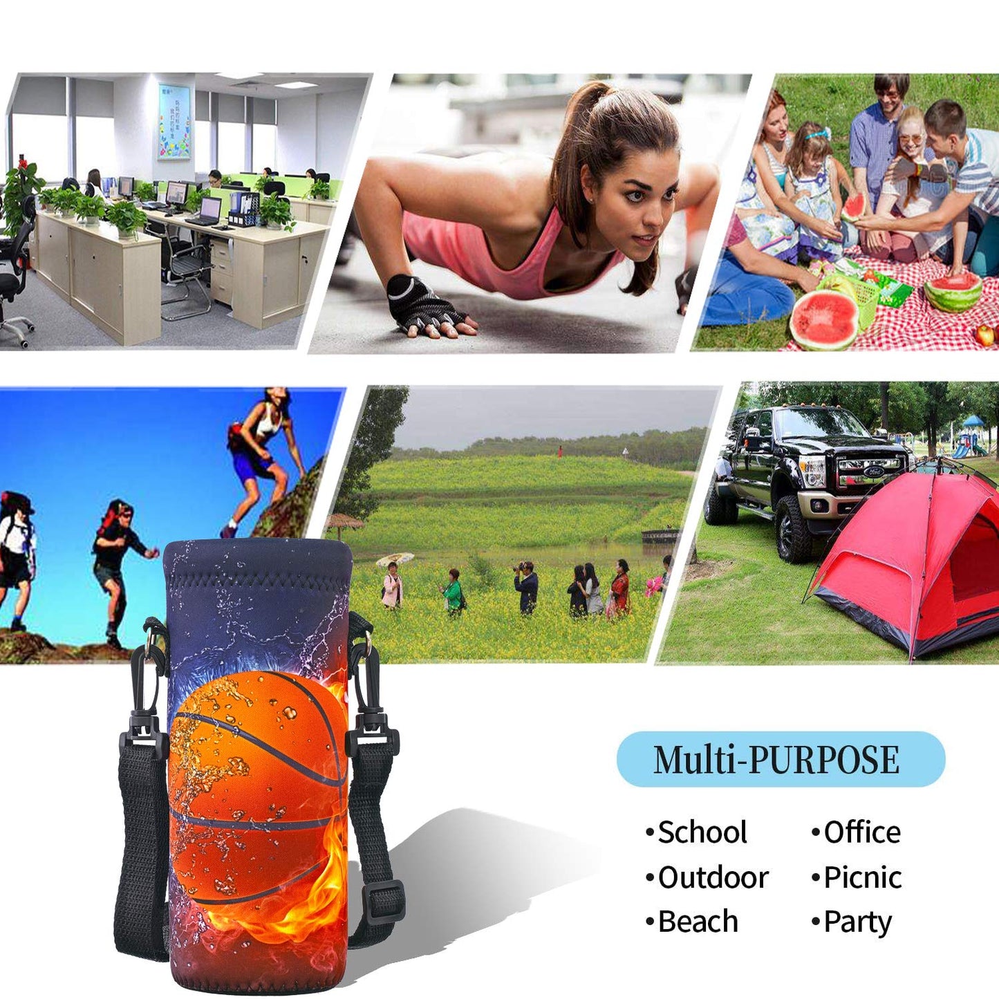 RICHEN Neoprene Water Bottle Carrier Bag with Adjustable Shoulder Strap,Insulated Water Bottle Cover for 500ml/16oz Stainless Steel/Glass/Plastic Bottles (Basketball Fire,500ML)