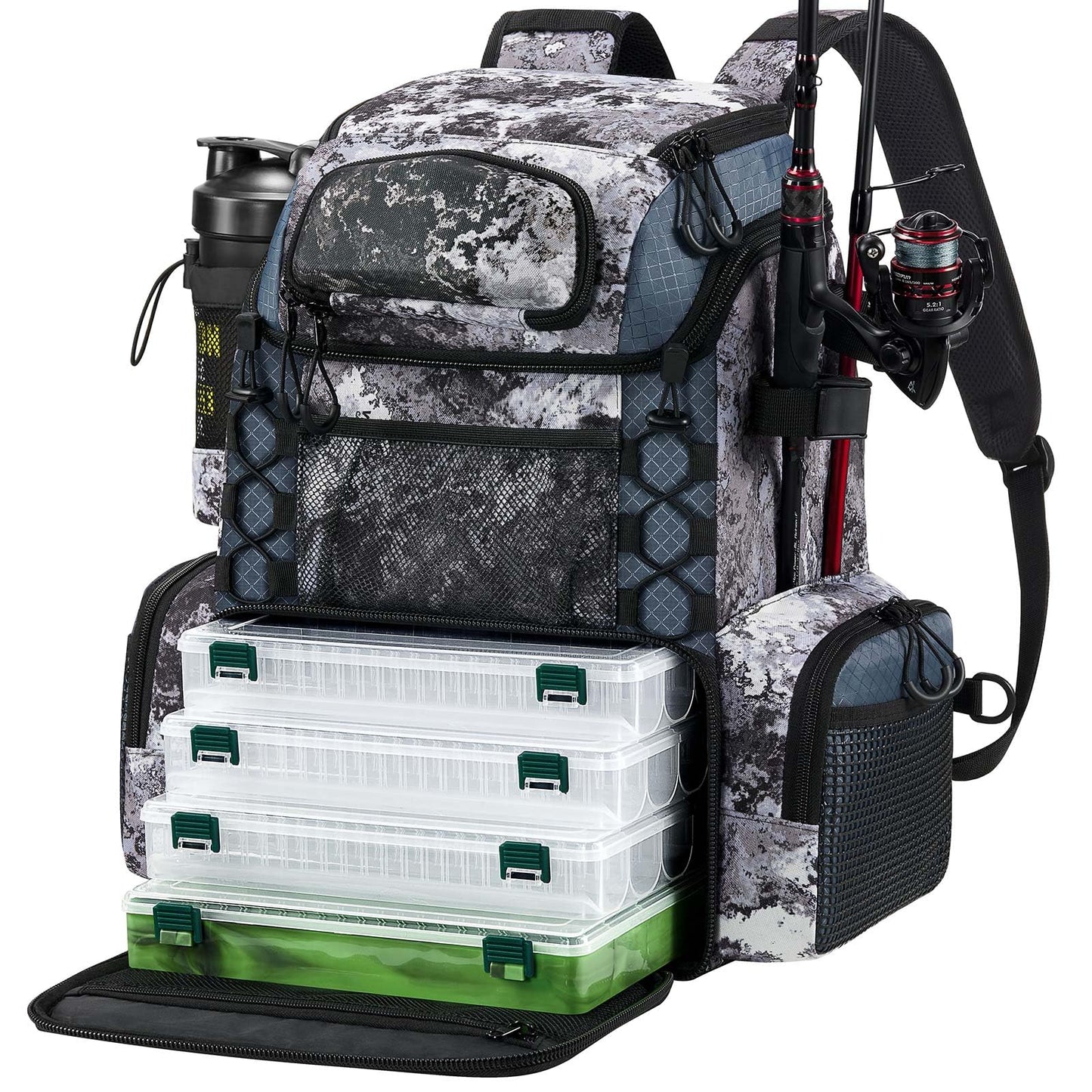 Piscifun Fishing Tackle Backpack with Rod Holders & 4 Tackle Boxes, Waterproof Rain Cover, Bottle Holder, Water-resistant Fishing Bag Store Fishing Gear & Equipment, Veil Camouflage