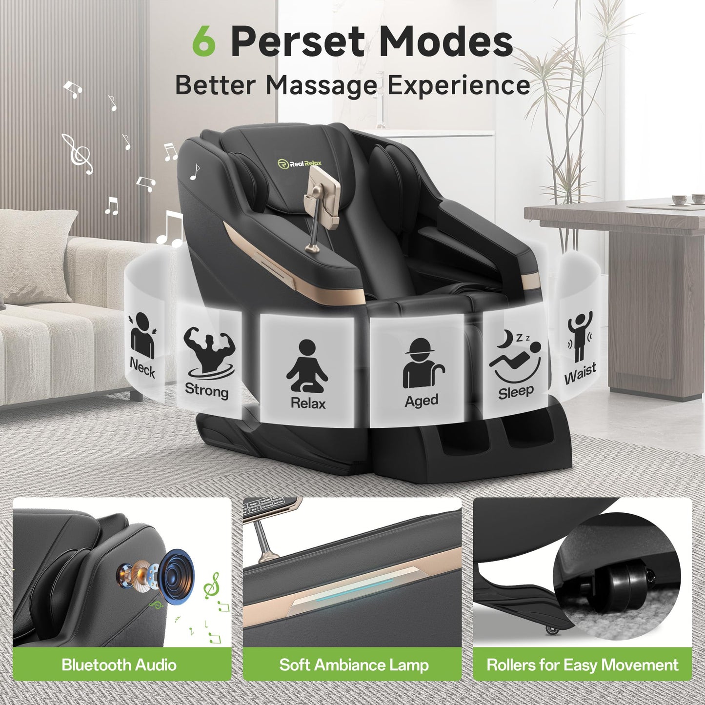 Real Relax 2025 Full Body Massage Chair, Zero Gravity Shiatsu Massage Chair Recliner, Waist and Calf Heating, Foot Massage, Bluetooth, Large Control Screen (Black and Gold)