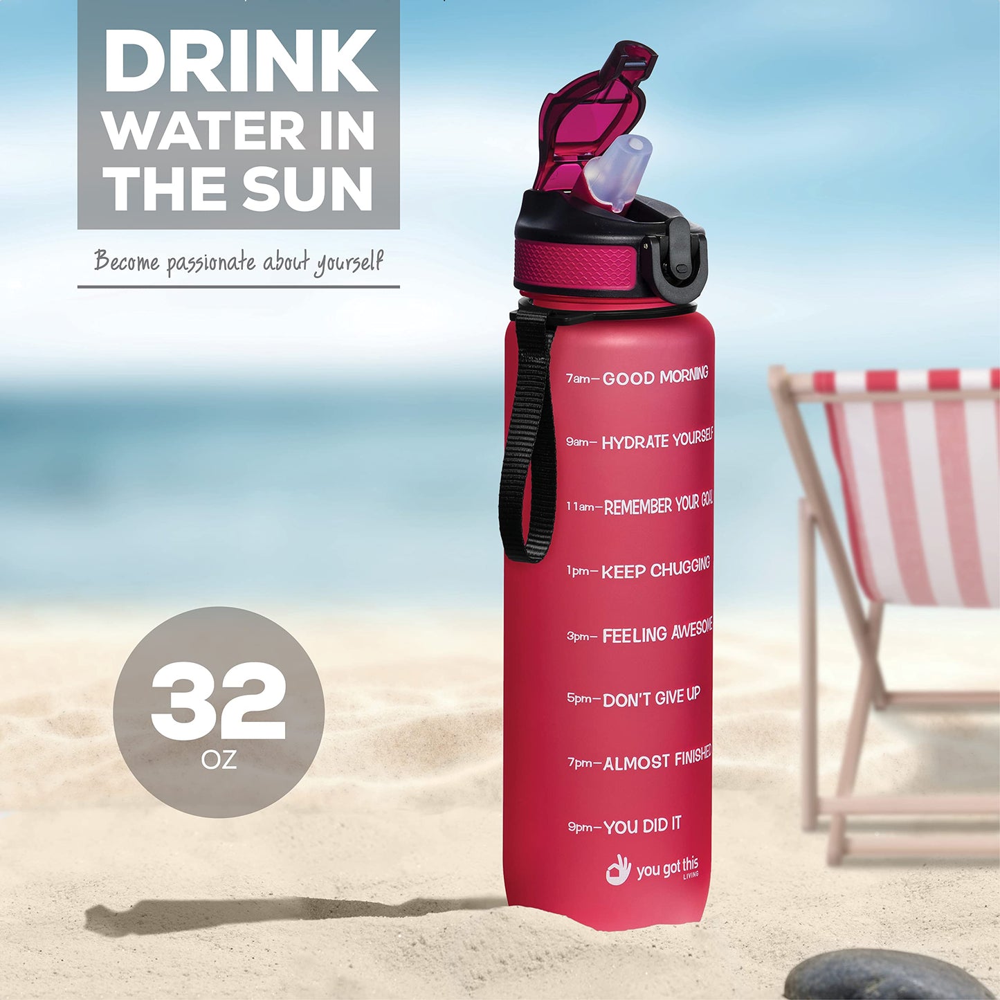 YOU GOT THIS LIVING Motivational Water Bottle with Time Marker, 32 oz Water Bottle, Sports Water Bottle with Spout, Achieve All-Day Hydration SpillProof, BPA FREE
