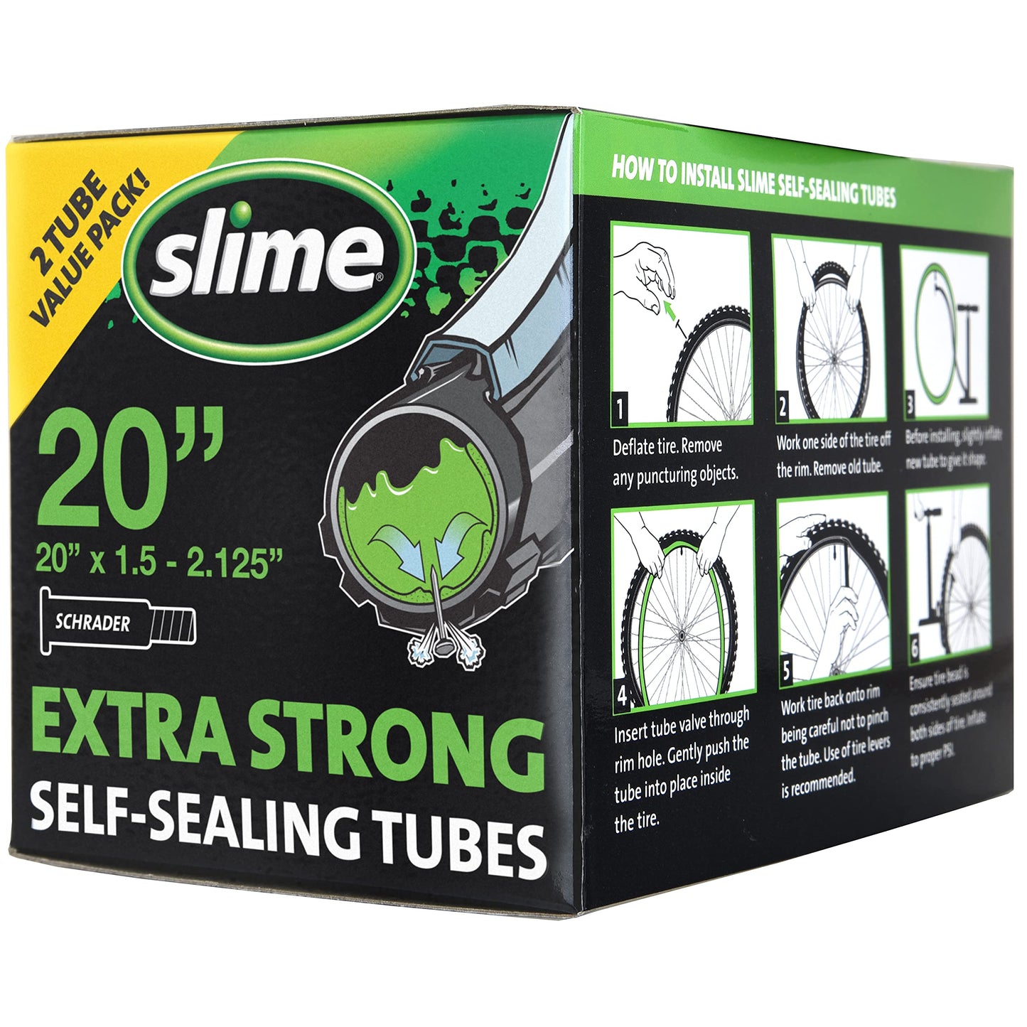 Slime 30075 Bike Inner Tube with Slime Puncture Sealant, Extra Strong, Self Sealing, Prevent and Repair, Schrader Valve, 20"x1.50-2.125", Value 2-Pack