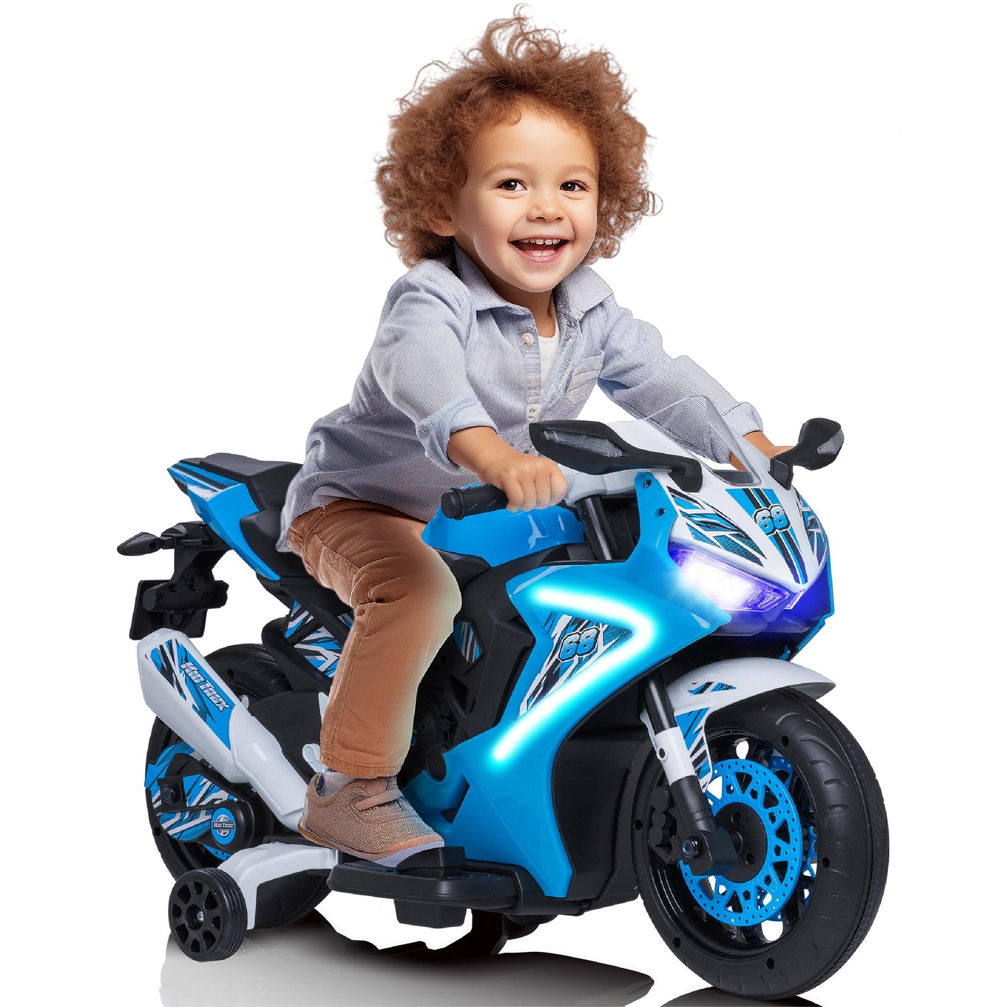 Kid Trax 6V Glow Electric Toddler Kids Motorcycle - Toddler Bike, Indoor/Outdoor Toys, Durable, LED Headlights and Body Light, Realistc Sounds, Kids Ride On Toys, Max Weight 65lbs, Ages 3-6, Blue
