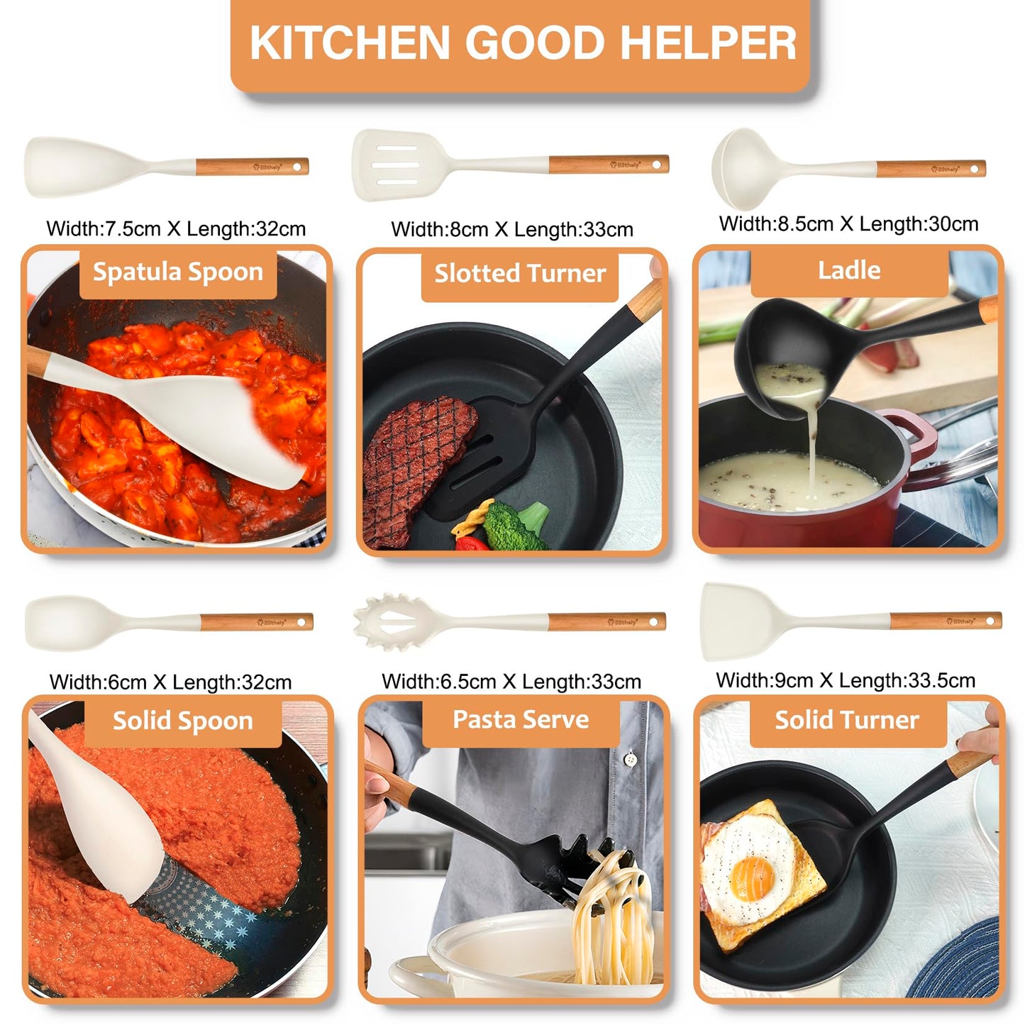 Silicone Cooking Utensils Set, 6 Pack Large Kitchen Utensils Set with Wooden Handle, Heat Resistant Silicone Utensil Spatula Set for Nonstick Cookware, Spatula, Turner, Spoon, Ladle BPA Free (White)