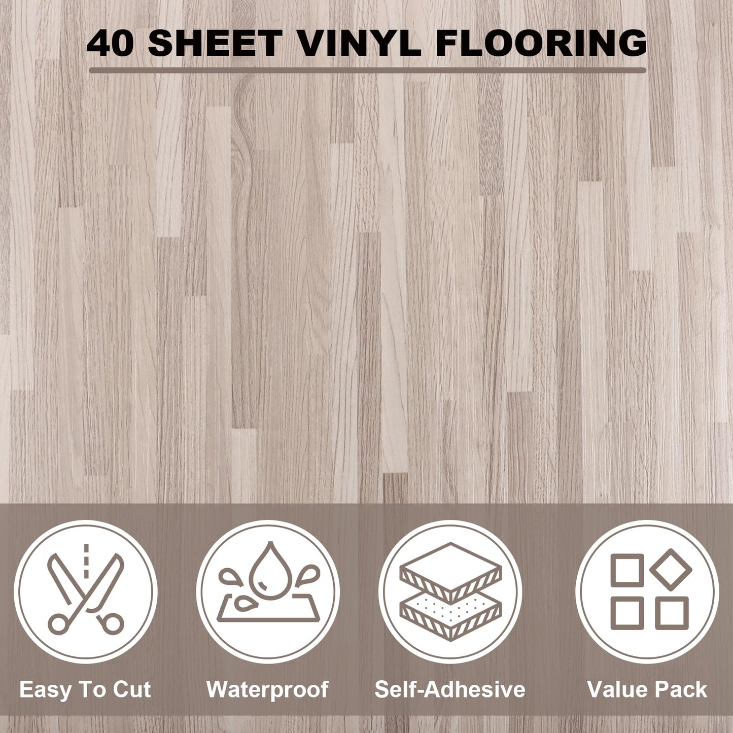 AKOLAFE 40 Sheet Vinyl Flooring 12x12 Peel and Stick Floor Tile Waterproof Clearance Vinyl Floor Tiles Striated Wood Self Adhesive Floor Tiles Sticky Laminate Flooring for Bathroom Kitchen Basement RV