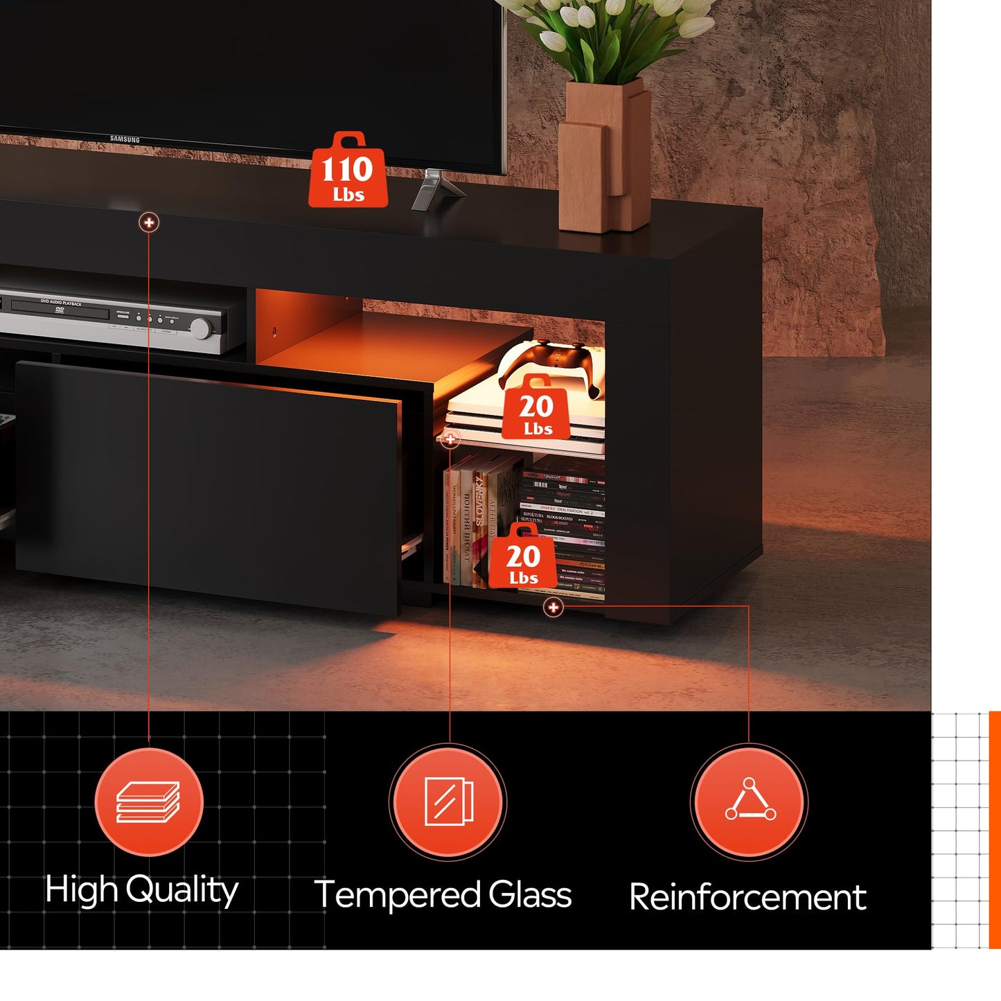 WLIVE 63 Inch TV Stand, LED Entertainment Center for 60 to 70 Inch TV, Modern TV Console with 2 Drawers, TV Stands for Living Room, Black