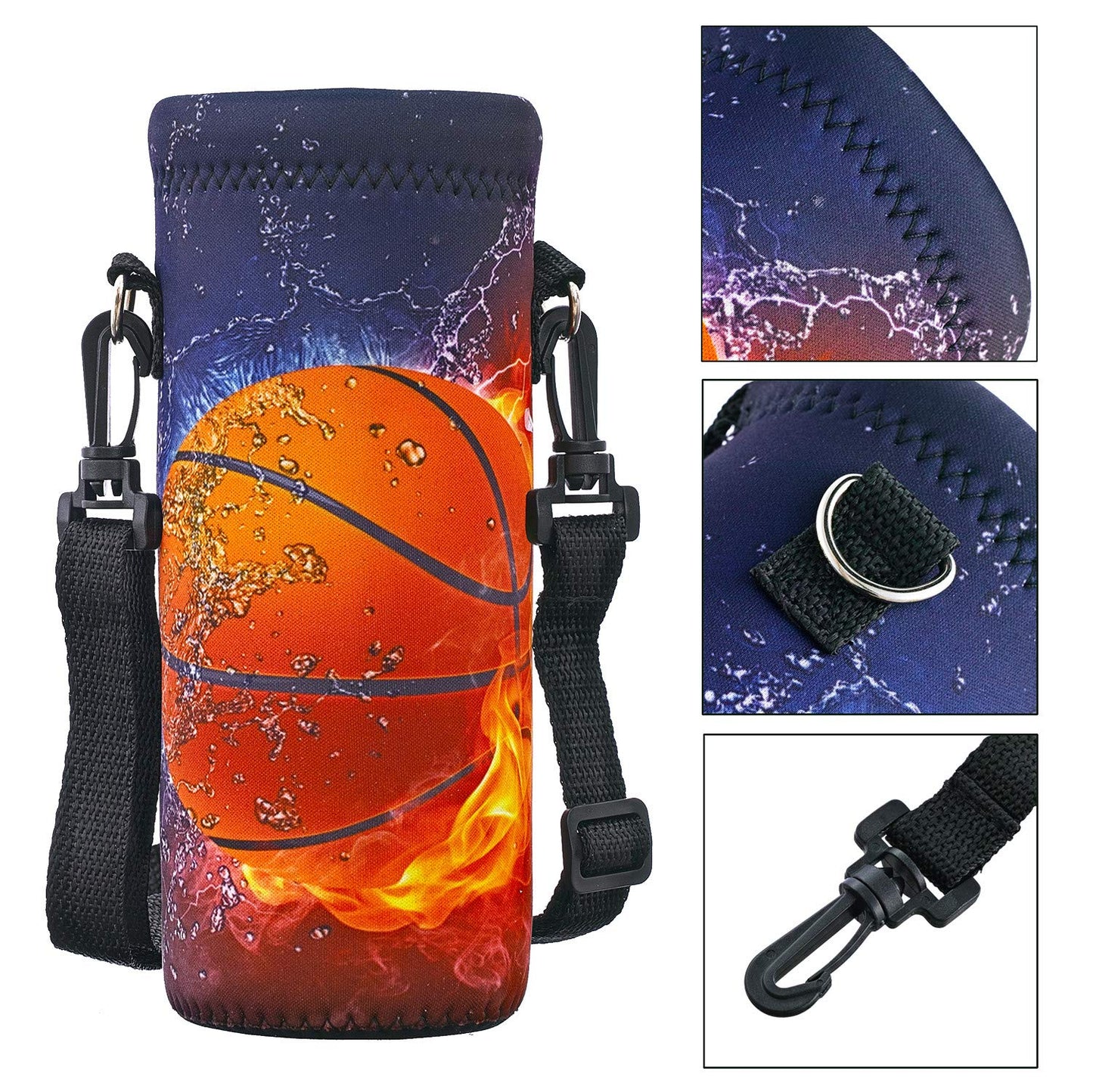 RICHEN Neoprene Water Bottle Carrier Bag with Adjustable Shoulder Strap,Insulated Water Bottle Cover for 500ml/16oz Stainless Steel/Glass/Plastic Bottles (Basketball Fire,500ML)