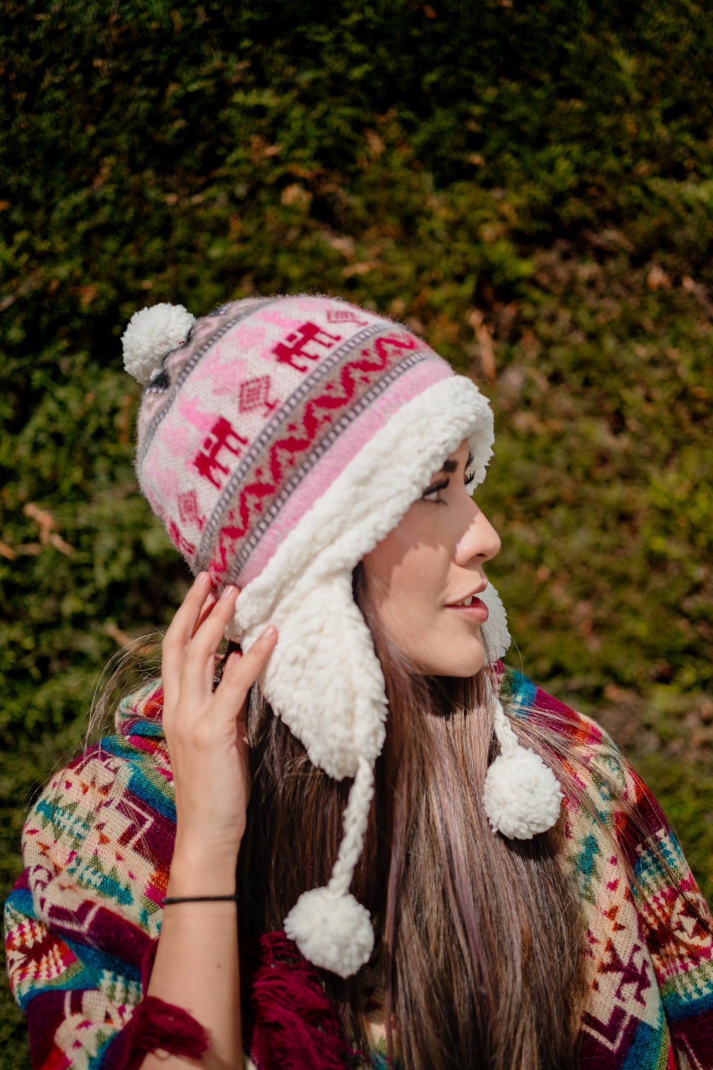 Alpaca Beanie for Men & Women, Alpaca Wool Winter Hat with Sheepskin Interior Coverage and earmuffs, Stylish Comfortable made by Otavalenos Artisans from Ecuador. (Pink, Black)