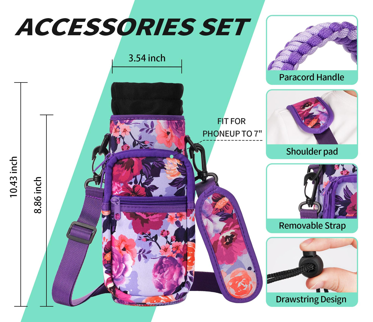 AceTreker 32 oz 40 oz Water Bottle Sleeve with 4 Pocket, Neoprene Water Bottle Carrier Bag with Strap & Paracord Handle, Metal Steel Water Flask Sling Pouch Holder for Walking Hiking-Purple Rose