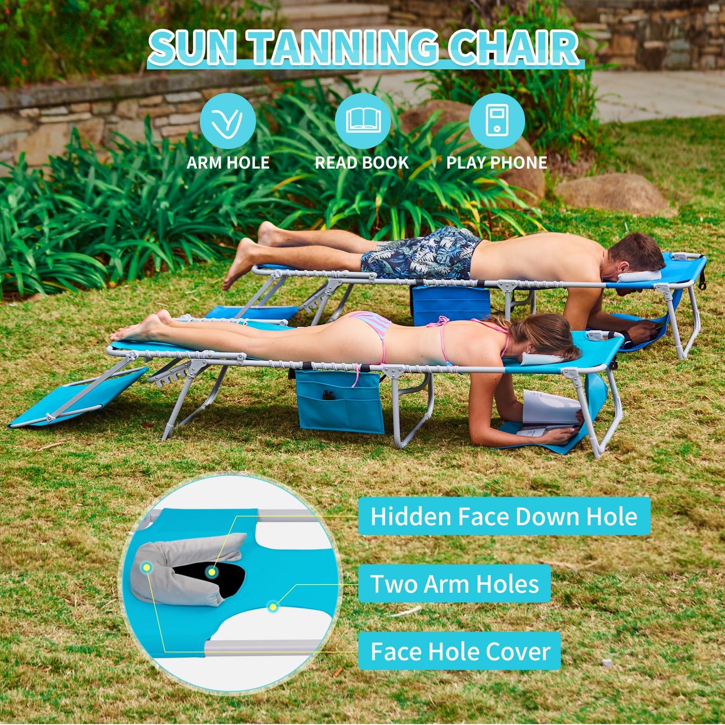 #WEJOY 3 in 1 Tanning Chair with Face Hole & Canopy, 300 lbs Heavy Duty 5 Positions Folding Face Down Lounge Chairs Outdoor with Pillow & Storage Bag Portable for Pool Beach Lawn Camping (Cyan)