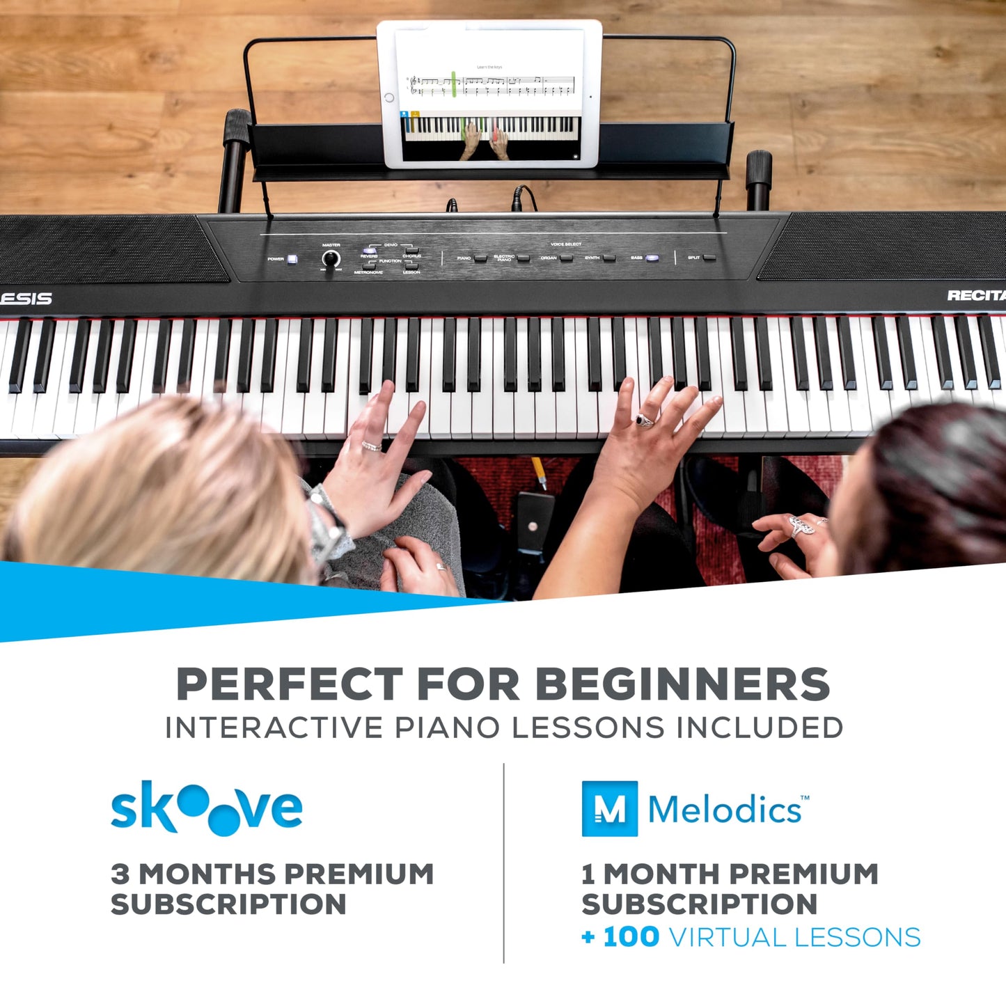 Alesis Recital – 88 Key Digital Piano Keyboard with Semi Weighted Keys, 2x20W Speakers, 5 Voices, Split, Layer and Lesson Mode, FX and Piano Lessons