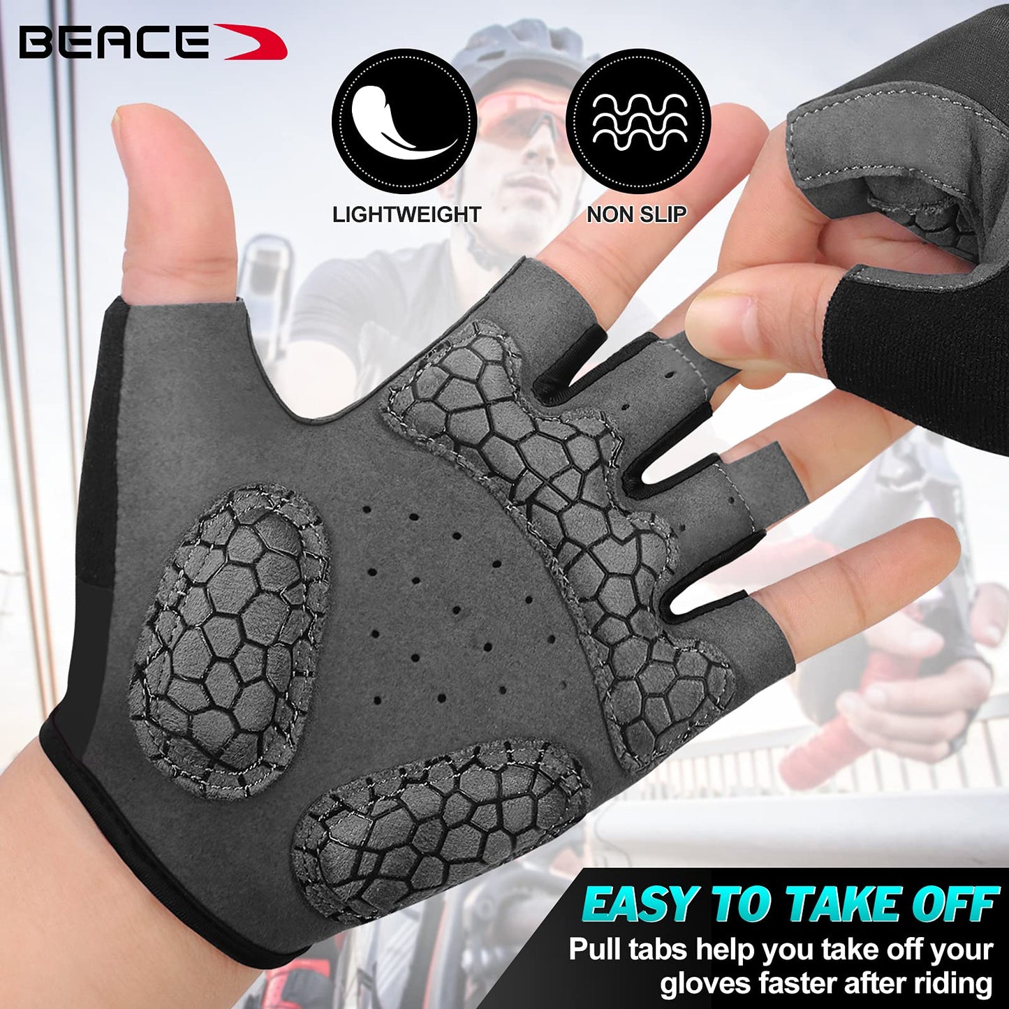BEACE Cycling Gloves Bike Gloves Biking Gloves Half Finger MTB Road Bicycle Gloves for Men and Women-Breathable Anti-Slip Shock-Absorbing Pad Motorcycle Mountain Bike Gloves (Red, L)