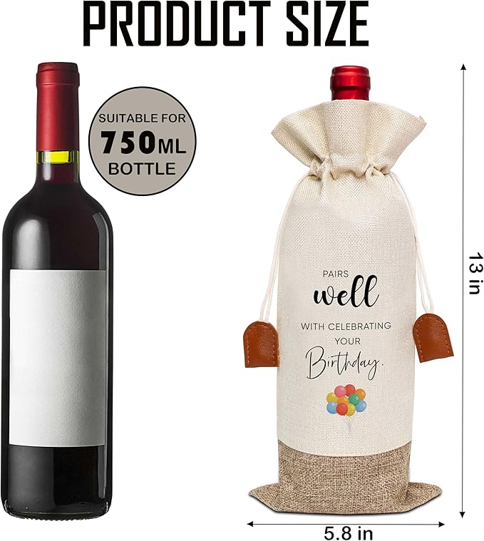 Funny Birthday Wine Bag, Cotton Linen Wine Gift Bag With Drawstring, Wine Champagne Bottle Gift Bag, Birthday Gifts Ideas for Men Woman Her Girl Friend Sister, Birthday Party Favors-35