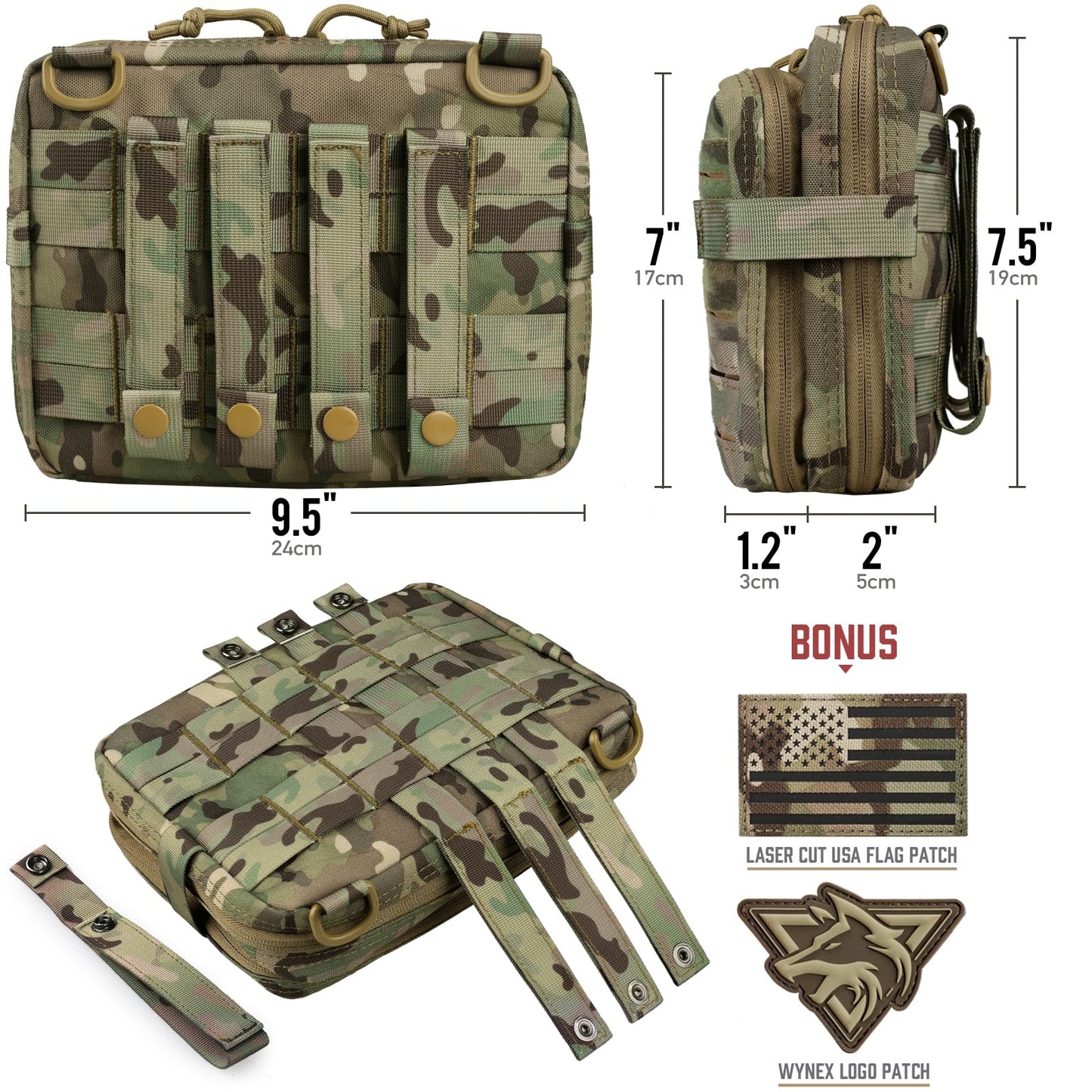 WYNEX Nylon Tactical Molle Admin Pouch of Laser Cut Design, Utility Pouches Molle Attachment Military Medical EMT Organizer with Map Pocket EDC EMT Pack IFAK Tool Holder Universal U.S.A Patch Included