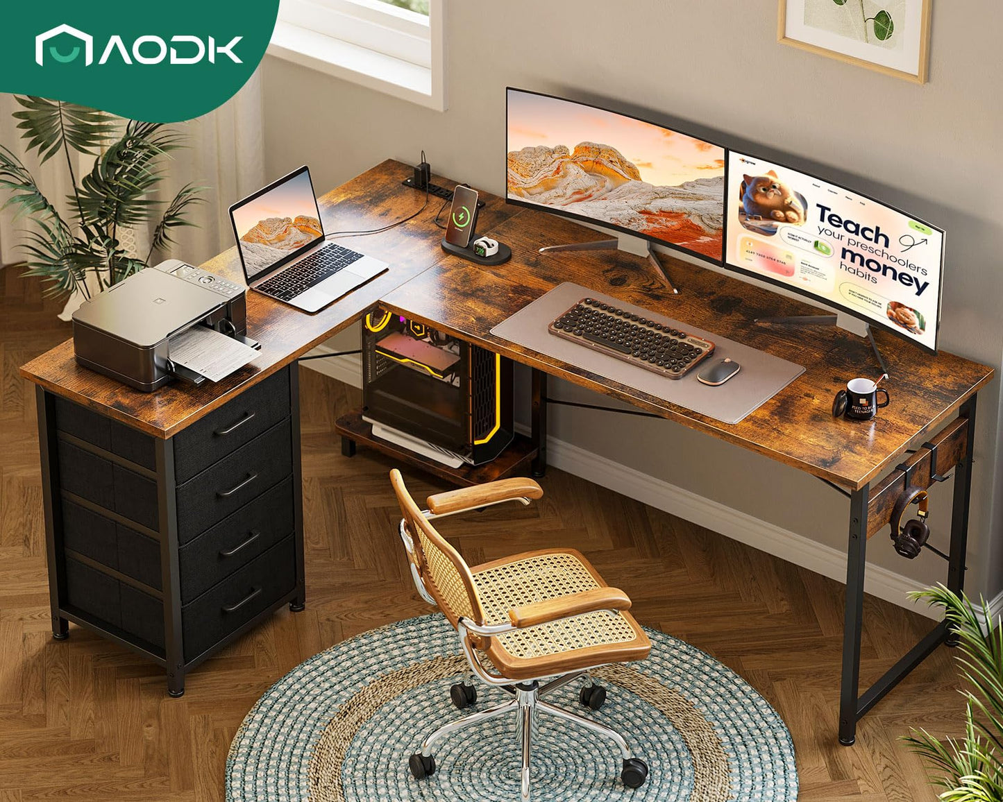 AODK L Shaped Desk with 4 Tier Drawers, 61" Reversible Gaming Desk with Power Outlets, L Shaped Computer Table with USB Charging Port and Host Stand, Home Office Table, Easy to Assemble, Vintage