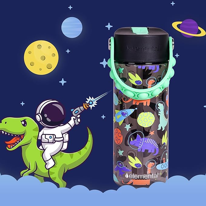 Elemental Leak Proof Water Bottles for Kids - Splash Kids Water Bottle for School with Fun Fidget Pop-it Handle - BPA Free Tritan Plastic Reusable Water Bottle with Straw - Space Dinosaur - 18oz