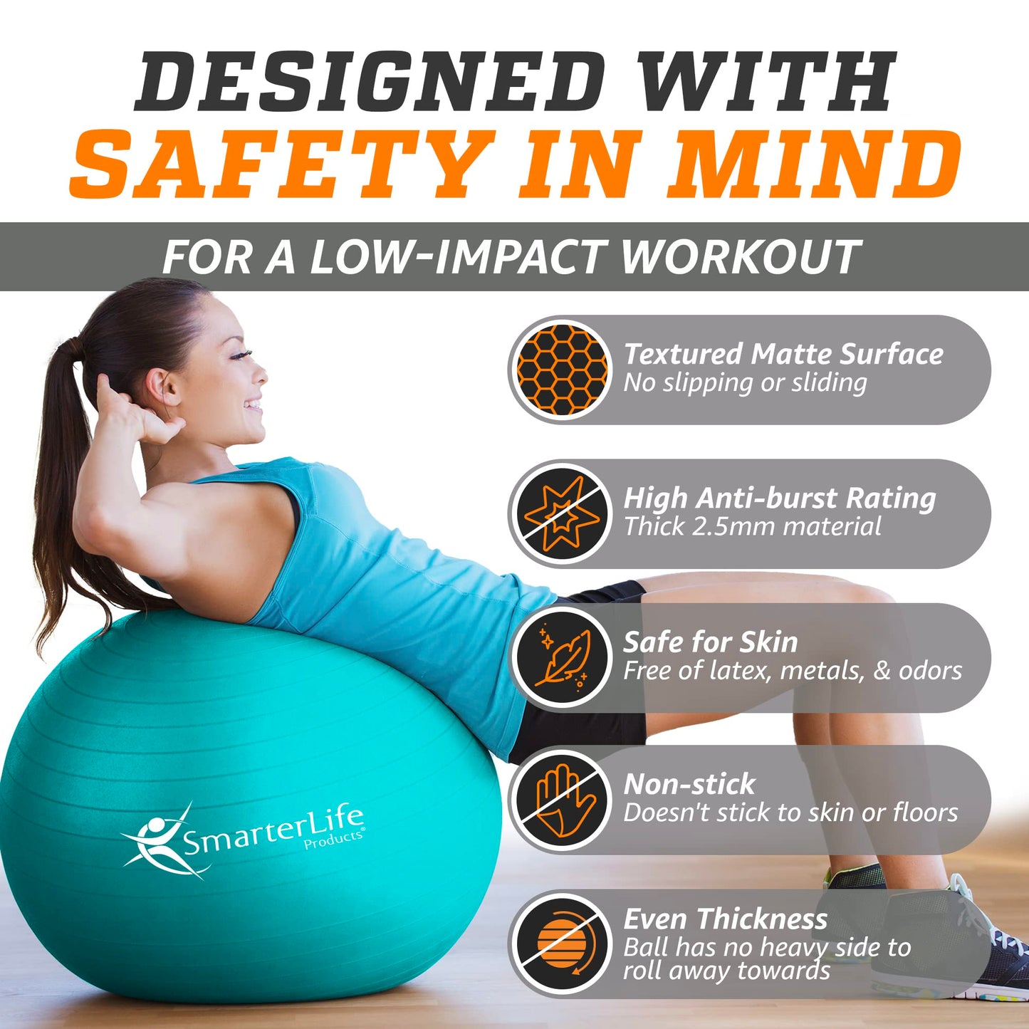 SmarterLife Workout Exercise Ball for Fitness, Yoga, Balance, Stability, or Birthing, Great as Yoga Ball Chair for Office or Exercise Gym Equipment for Home, No-Slip Design (45cm, Turquoise)