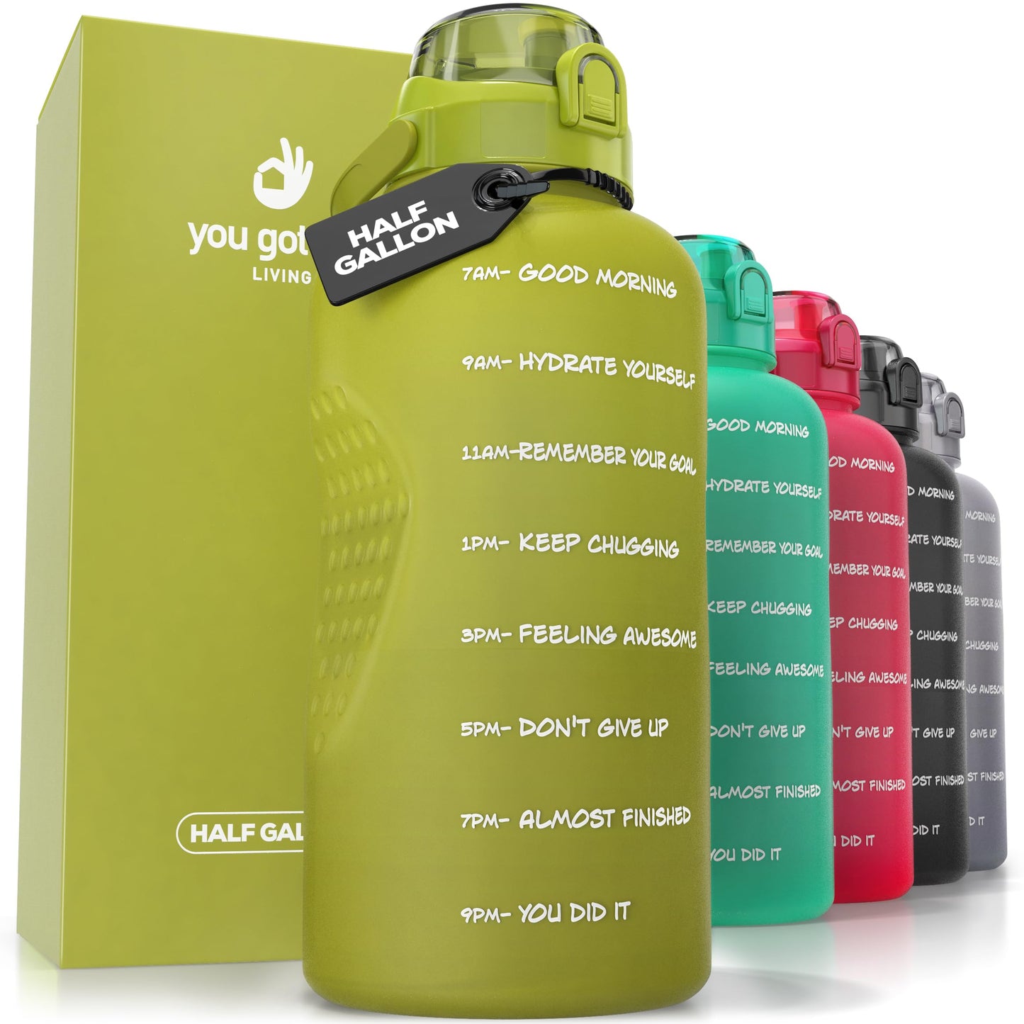 YOU GOT THIS LIVING Motivational Water Bottle with Time Marker,Half Gallon Water bottle with Straw 64 oz/2.2L Gym Water Bottle, Achieve All-Day Hydration SpillProof, BPA FREE