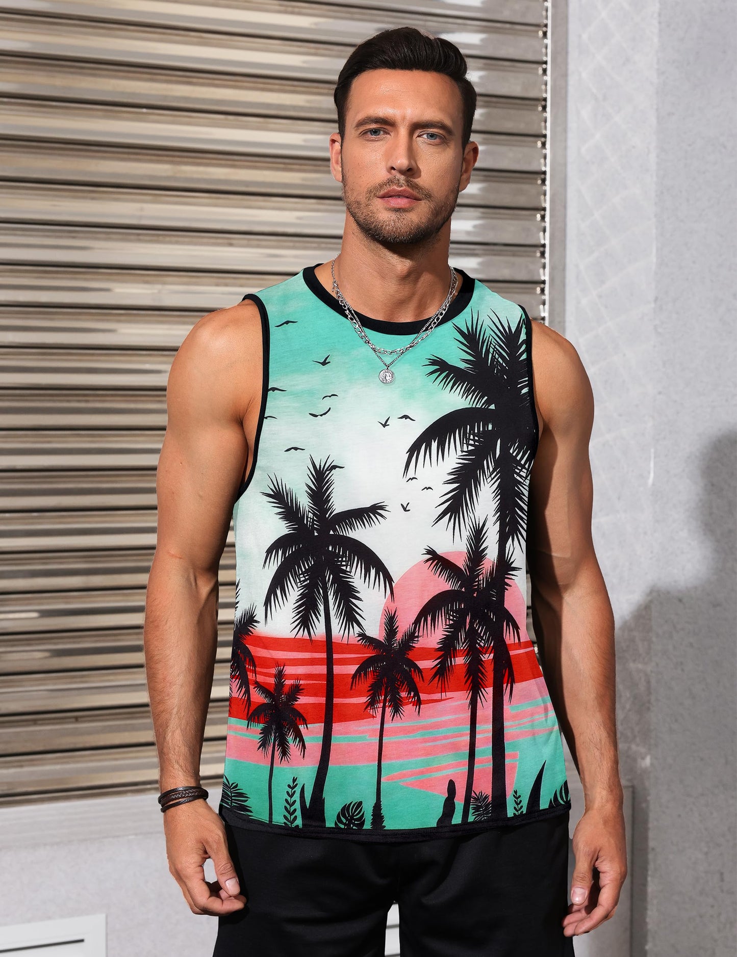 Gosuif Tank Tops Men Sleeveless Shirts for Men Men's Tank Tops Summer Beach Palm Tree Tank Tops Muscle Workout Gym Sleeveless Tank Shirts Green Hawaiian Men's Tank Shirts
