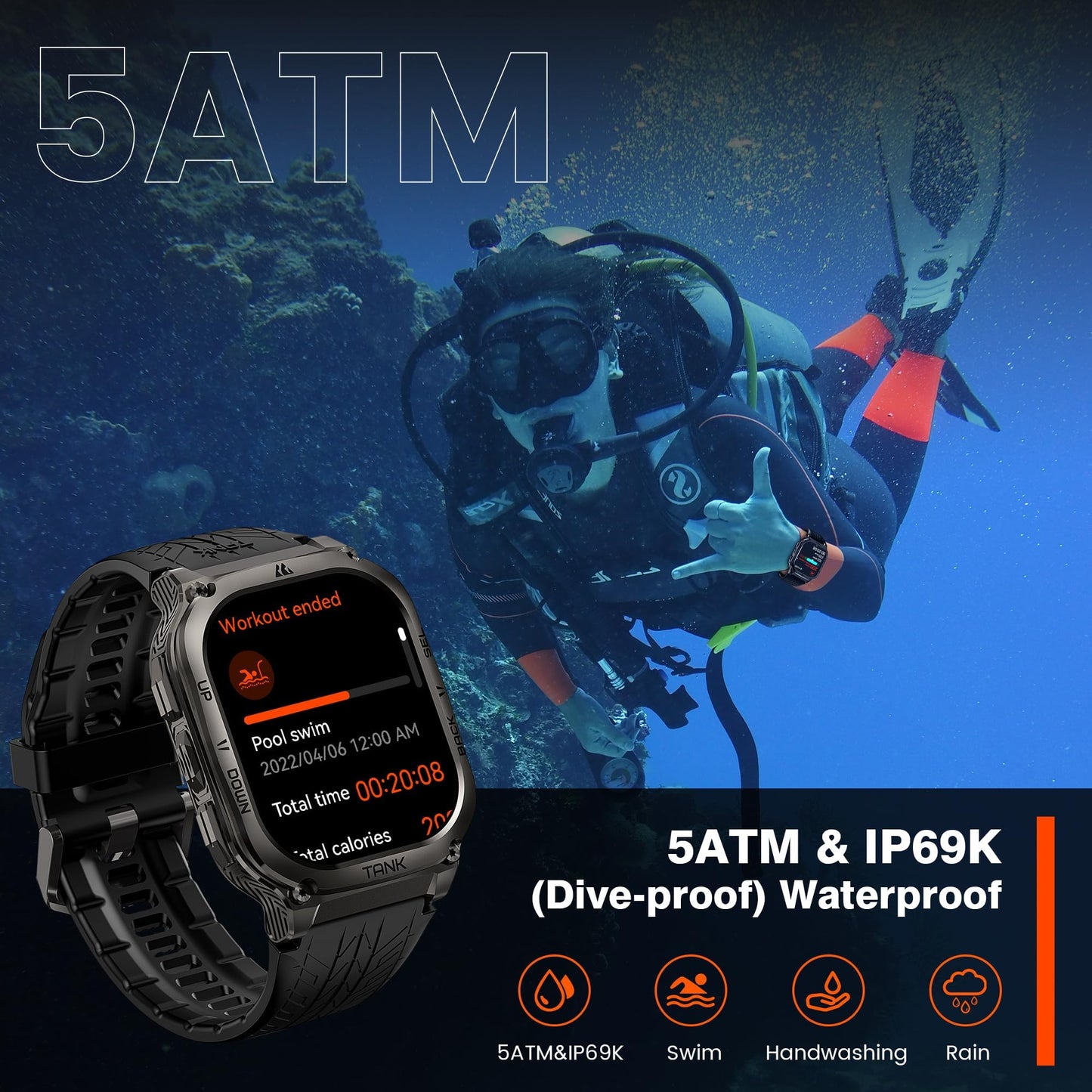 AMAZTIM Smart Watch, 60 Days Extra-Long Battery, 5ATM Waterproof Swimming Diving, Full Metal Military Grade, Answer/Make Call, 2" AMOLED Display, Health Monitor Compatible for iPhone and Android
