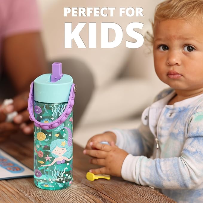 Elemental Leak Proof Water Bottles for Kids - Splash Kids Water Bottle for School with Fun Fidget Pop-it Handle - BPA Free Tritan Plastic Reusable Water Bottle with Straw - Mermaid - 18oz