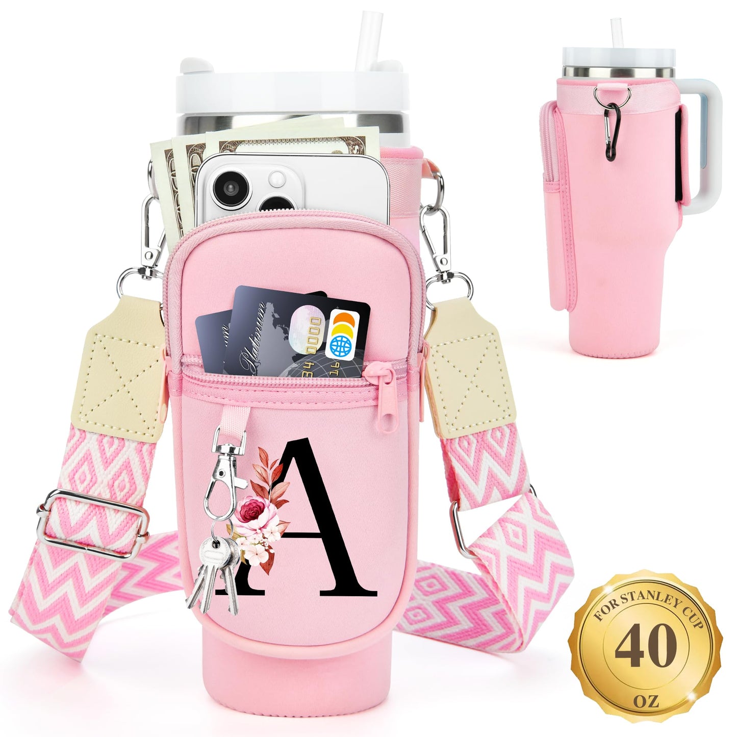 Initial Water Bottle Holder with Strap for Stanley 40 oz Tumbler, for Simple Modern 40 oz Tumbler, Graduation Gift with Phone Pocket, Carabiner, Personalized Gift for Stanley Cup Accessories Pink A