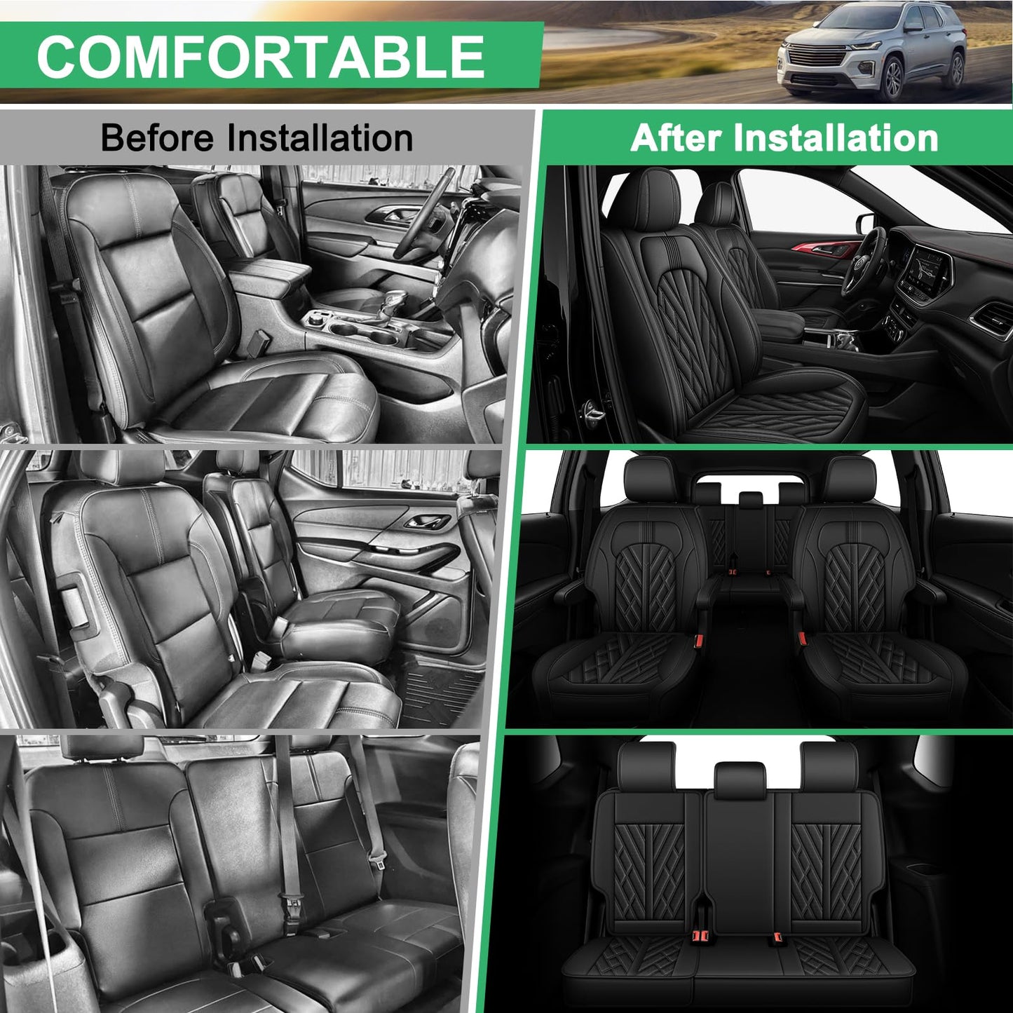 RAWAKORW 7 Passenger Seat Covers fit for Chevy Traverse 2018-2023: Leather Car Seat Cover Interior Accessories Customer Fit 7 Seater Protector (Black)