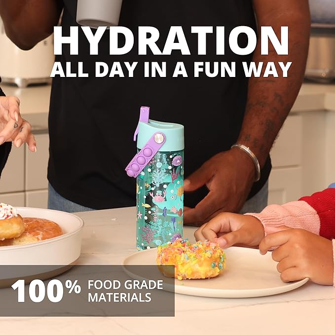 Elemental Leak Proof Water Bottles for Kids - Splash Kids Water Bottle for School with Fun Fidget Pop-it Handle - BPA Free Tritan Plastic Reusable Water Bottle with Straw - Mermaid - 18oz