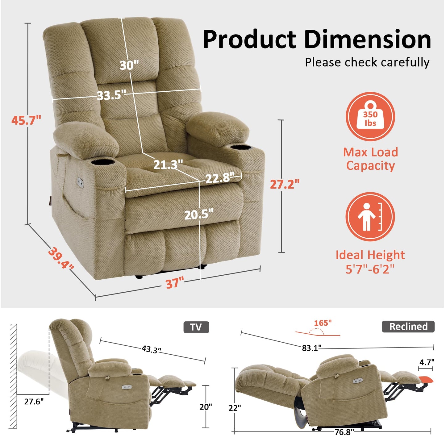 MCombo Large Triple Motor Power Lift Recliner Chair with Massage and Dual Heating, Adjustable Headrest for Tall Elderly People, Fabric 7634 (Beige, Large)