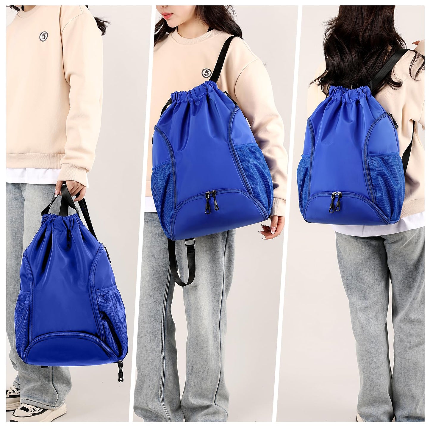 Valleycomfy Sports Gym Bag Drawstring Backpack with Shoes Basketball Bag and Two Water Bottle Holder,Drawstring Backpack for Beach, Pool and Travel,Sapphire Blue