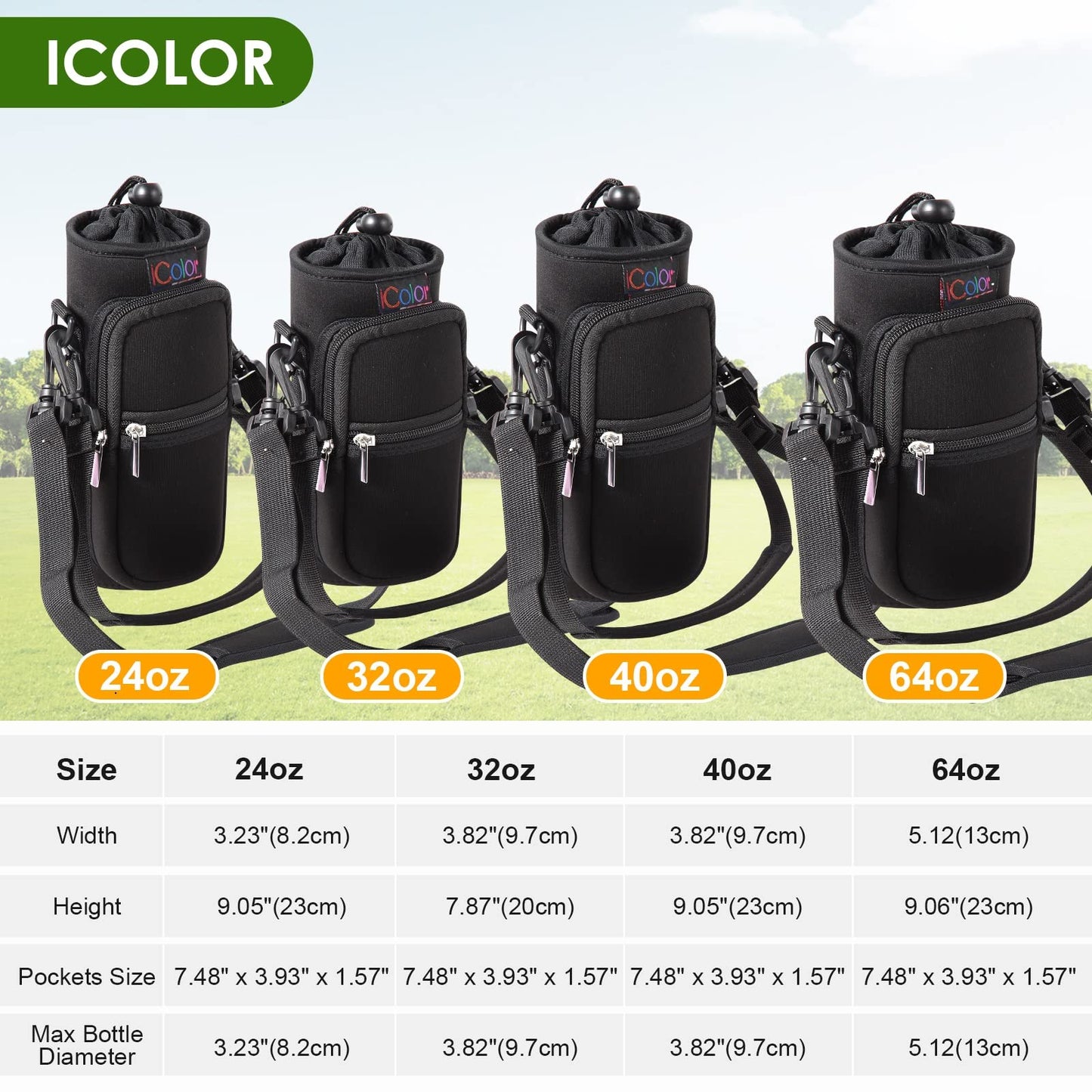 icolor Water Bottle Carrier Bag Holder 25/32/40/64oz,Adjustable Padded Shoulder & Handle Strap Sports Sling Hiking Pack,Insulated Neoprene Wide Mouth Bottle Sleeve