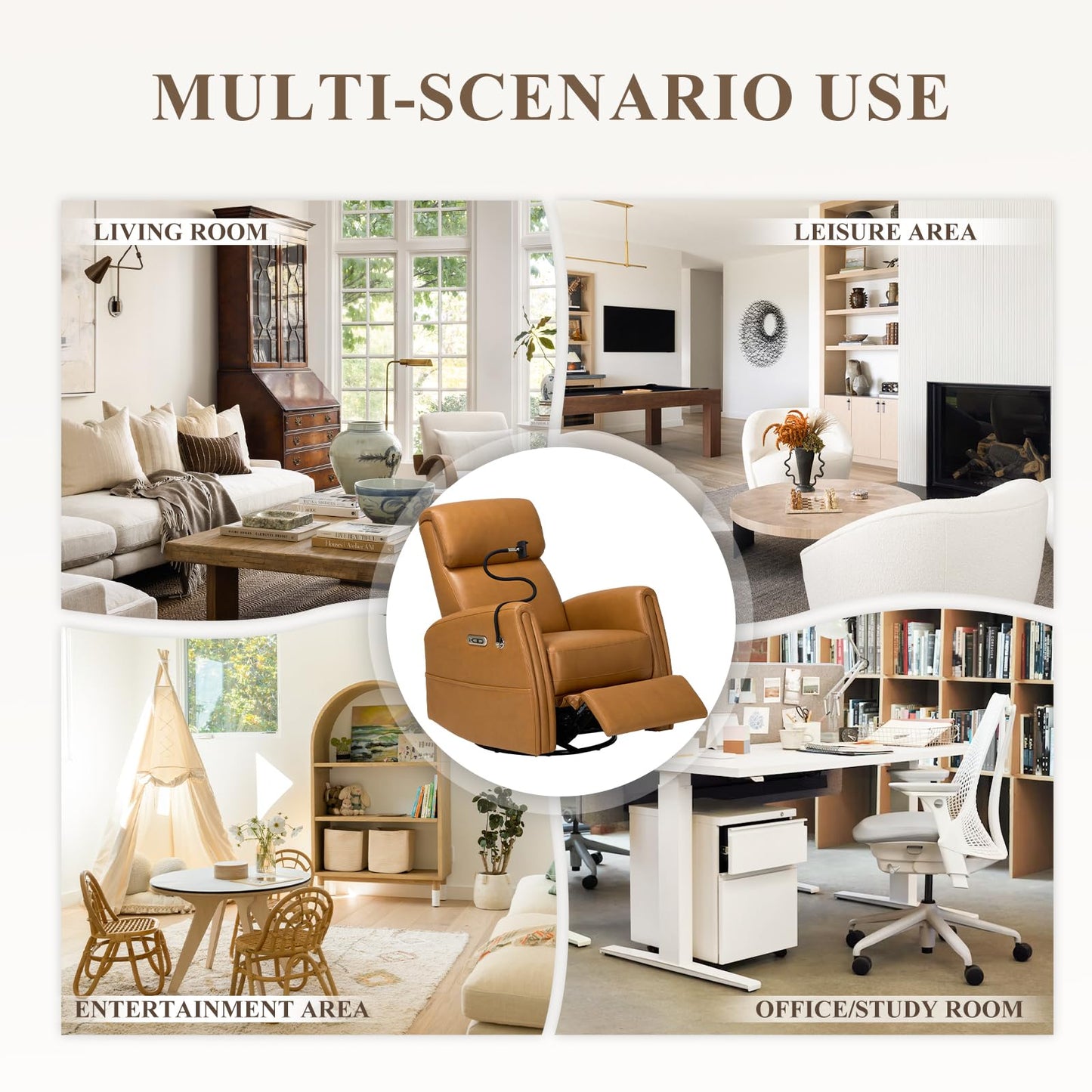 COLAMY Electric Power Swivel Recliner Chair, PU Leather Rocking Chair, 270° Swivel 145° Recliner Chair with Built-in Charging Ports for Living Room, Home, CognacBrown