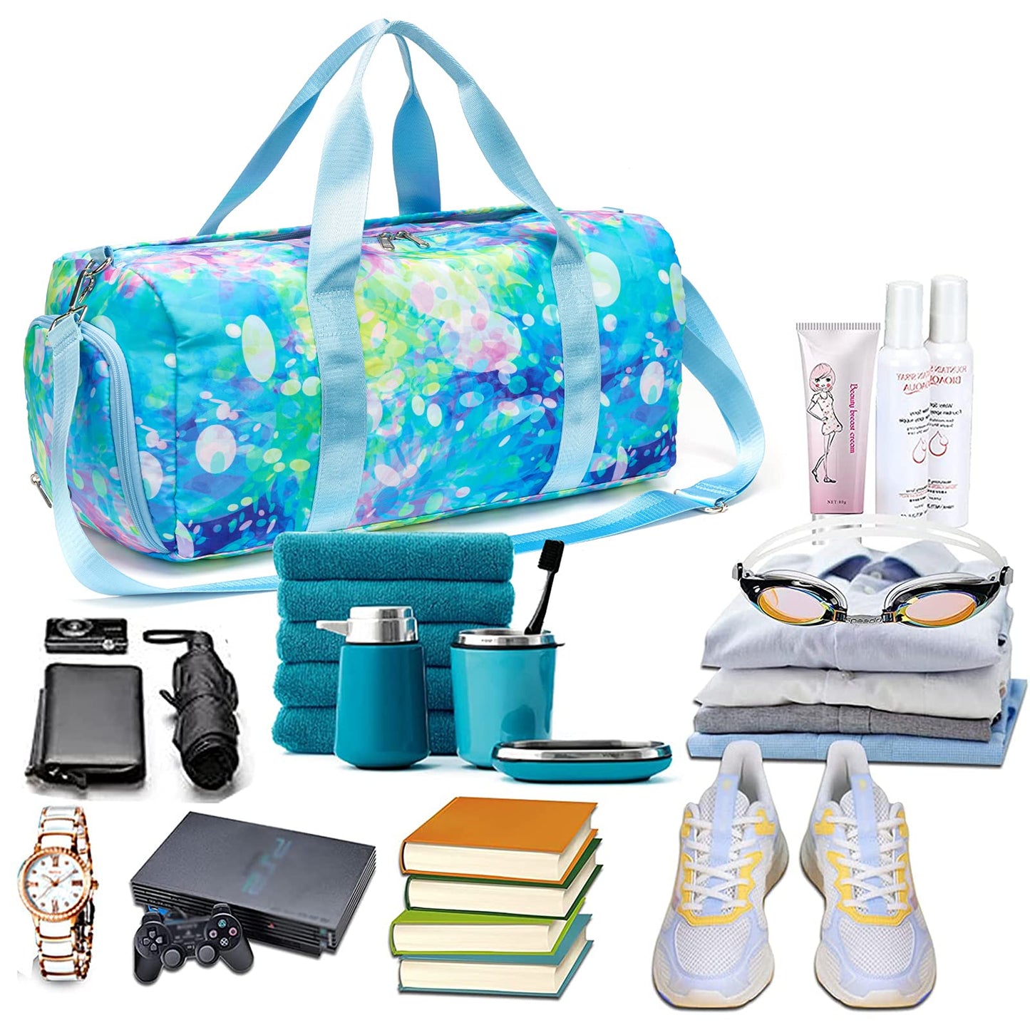 Duffle Bag for Girls Dance Bag Sport Gym Bag Weekender Carry On Workout Duffel Overnight Shoulder Bag with Shoe Compartment (Blue)